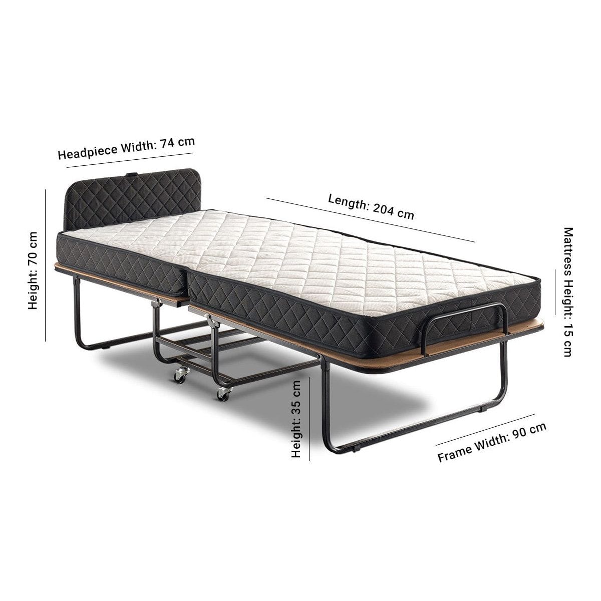 Pat pliabil XL Katlanir 90x200, stejar/negru, placaj/metal, cu saltea si somiera