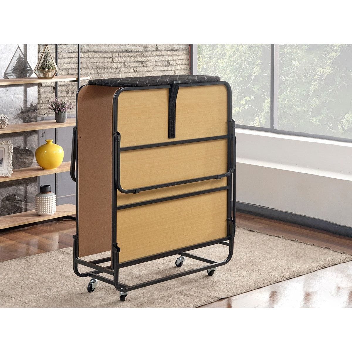 Pat pliabil XL Katlanir 90x200, stejar/negru, placaj/metal, cu saltea si somiera