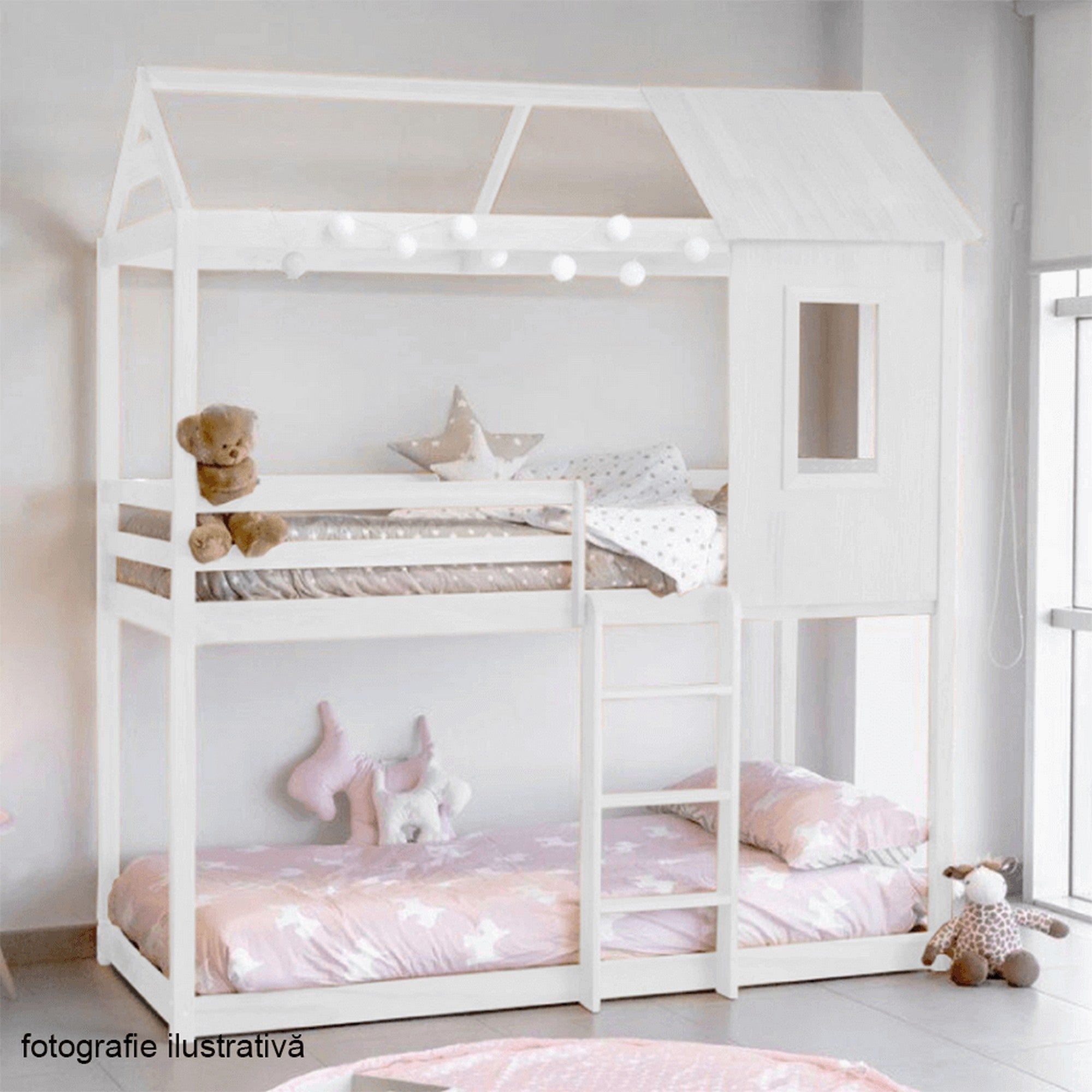 Pat supraetajat Montessori ATRISA 90x200, alb, lemn, cu somiera