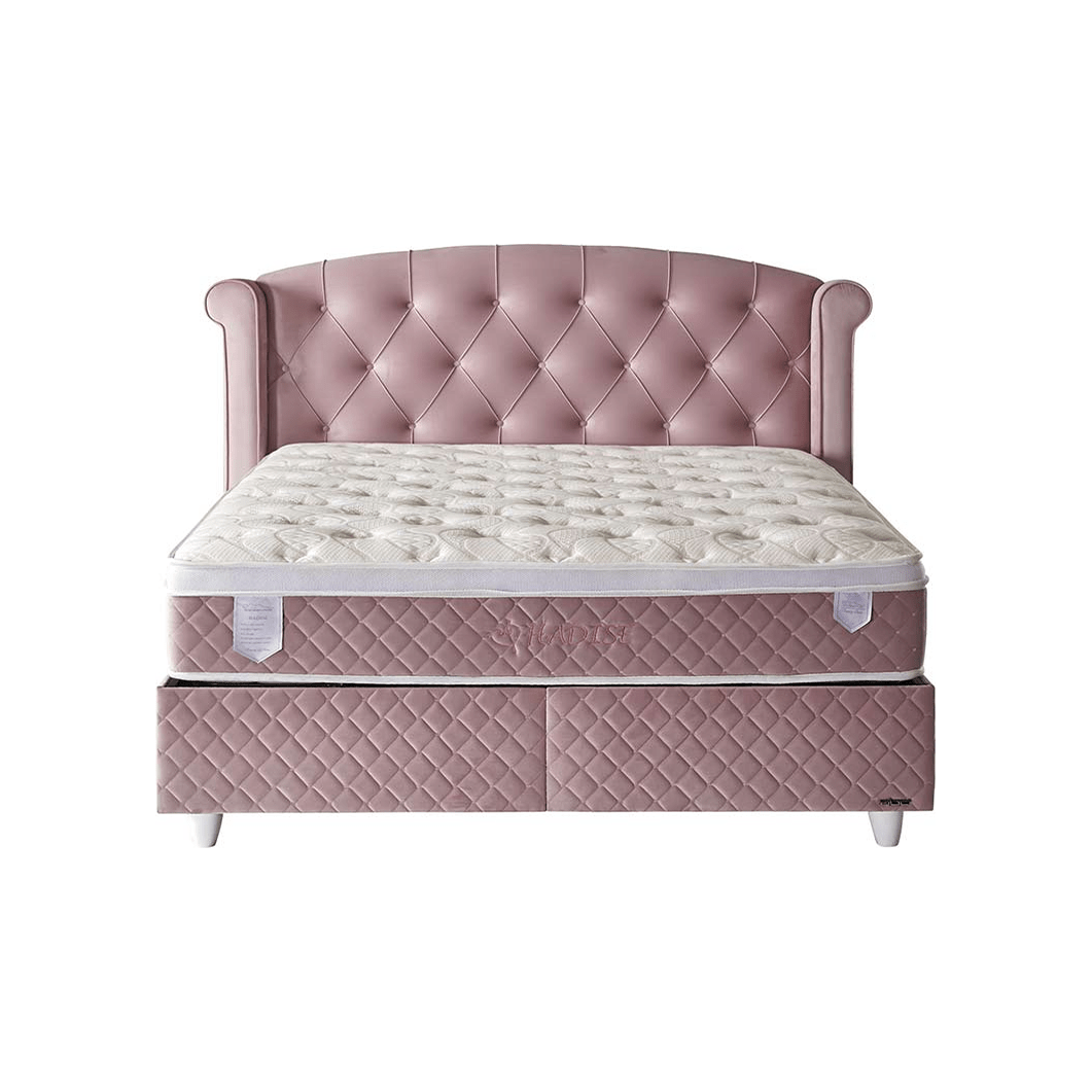 Pat Visco Lux 140x200, stofa catifelata roz, cu suport saltea si lada depozitare