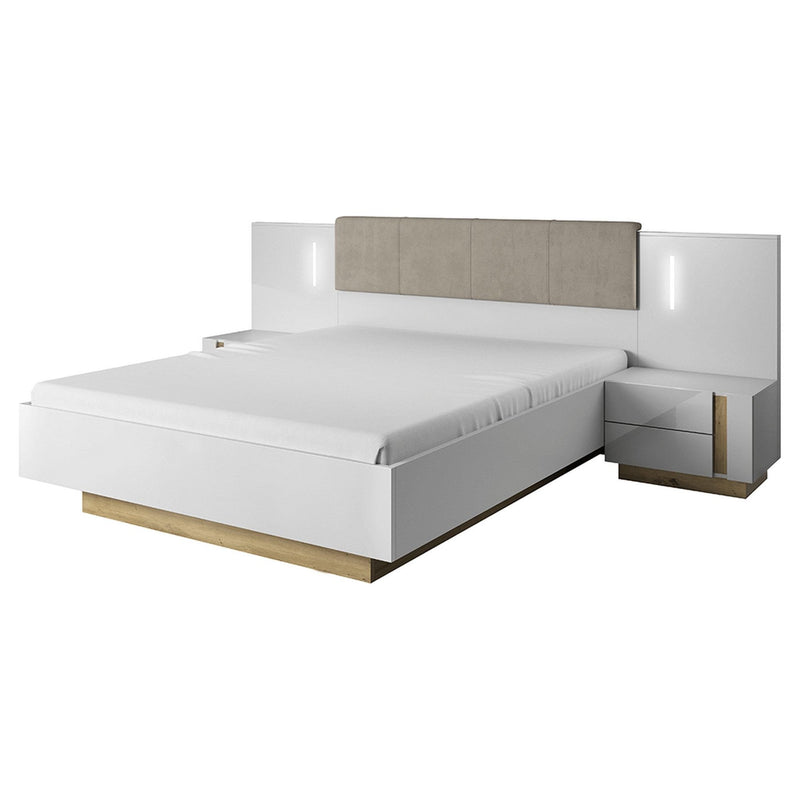 Cadru pat dormitor CITY, DTD laminat/material textil, stejar grandson/alb, 160x200 cm, fara somiera si saltea