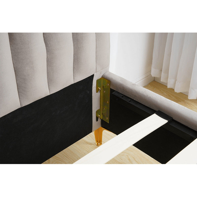 Pat dormitor KAISA, stofa catifelata, gri maro/auriu mat, 160x200 cm, somiera lamelara fixa, fara saltea