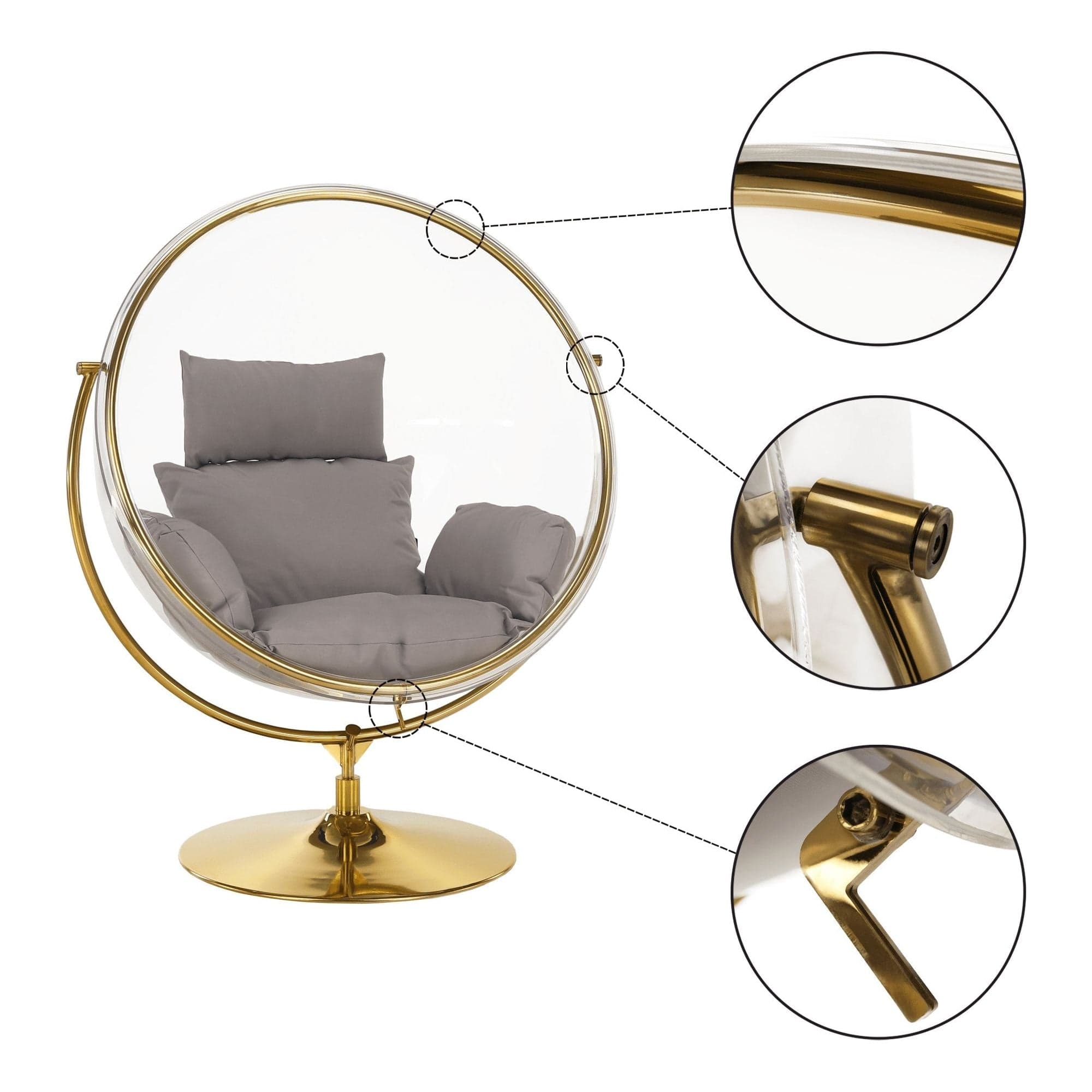 Scaun suspendat BUBBLE TIP 2, auriu/transparent/gri, otel/acril/tesatura, 106x80x135 cm