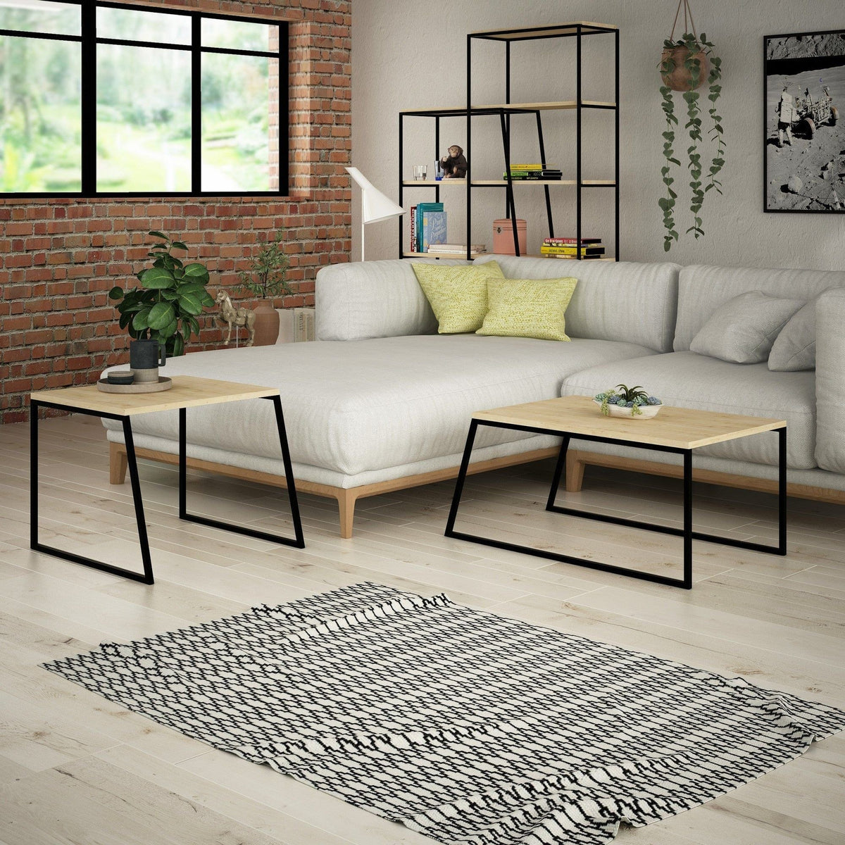 Set 2 masute cafea 855DTE2917, stejar/negru, PAL melaminat/metal