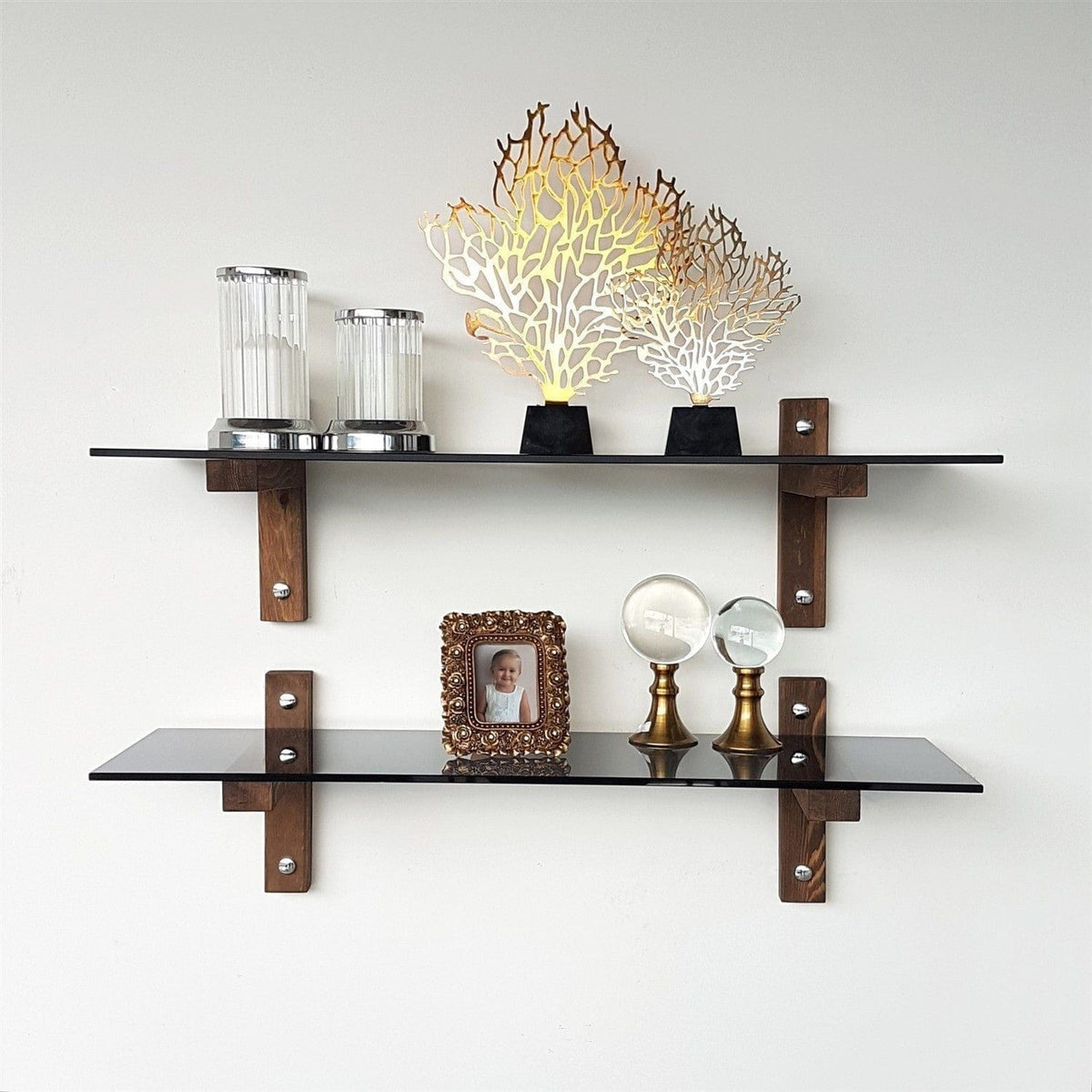 Set 2 polite R202, fumuriu/nuc, sticla/lemn de pin, 85x25x25 cm