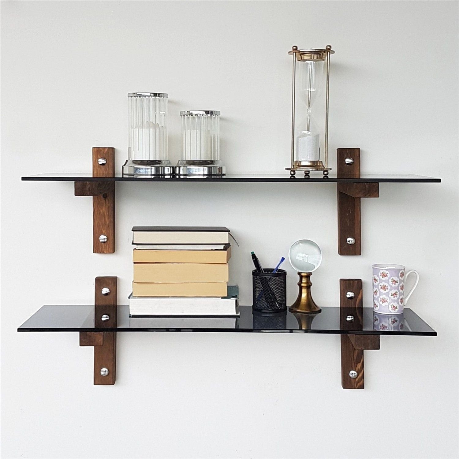 Set 2 polite R202, fumuriu/nuc, sticla/lemn de pin, 85x25x25 cm