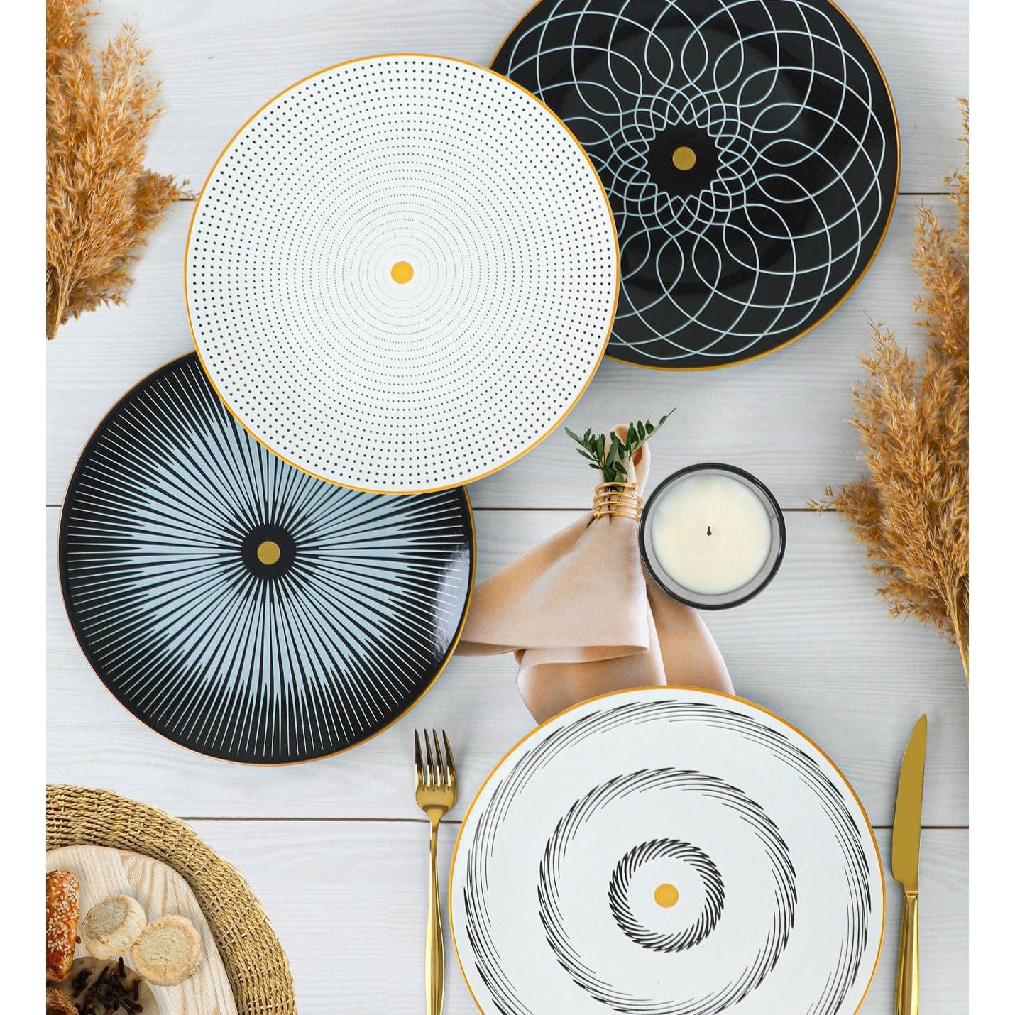 Set 4 platouri 275KRM1345, alb/negru, ceramica, 25x4 cm