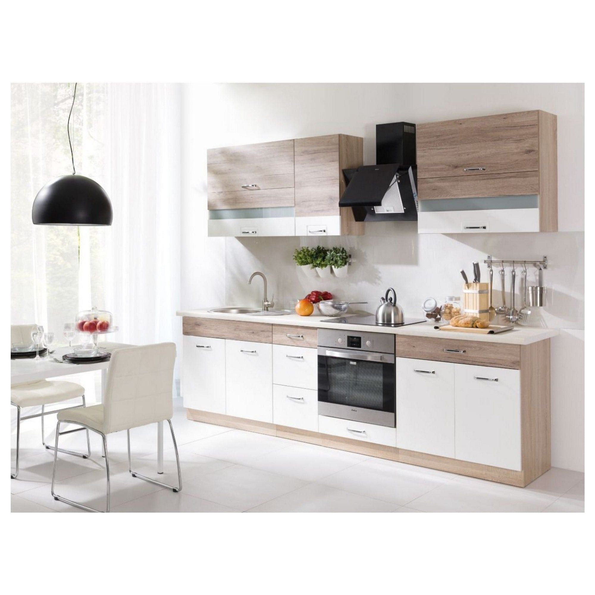 Set bucatarie ECONO A, carcasa stejar sonoma/fronturi stejar san remo si alb lucios, PAL, 270 cm, cu blatul trawertyn si plintele incluse