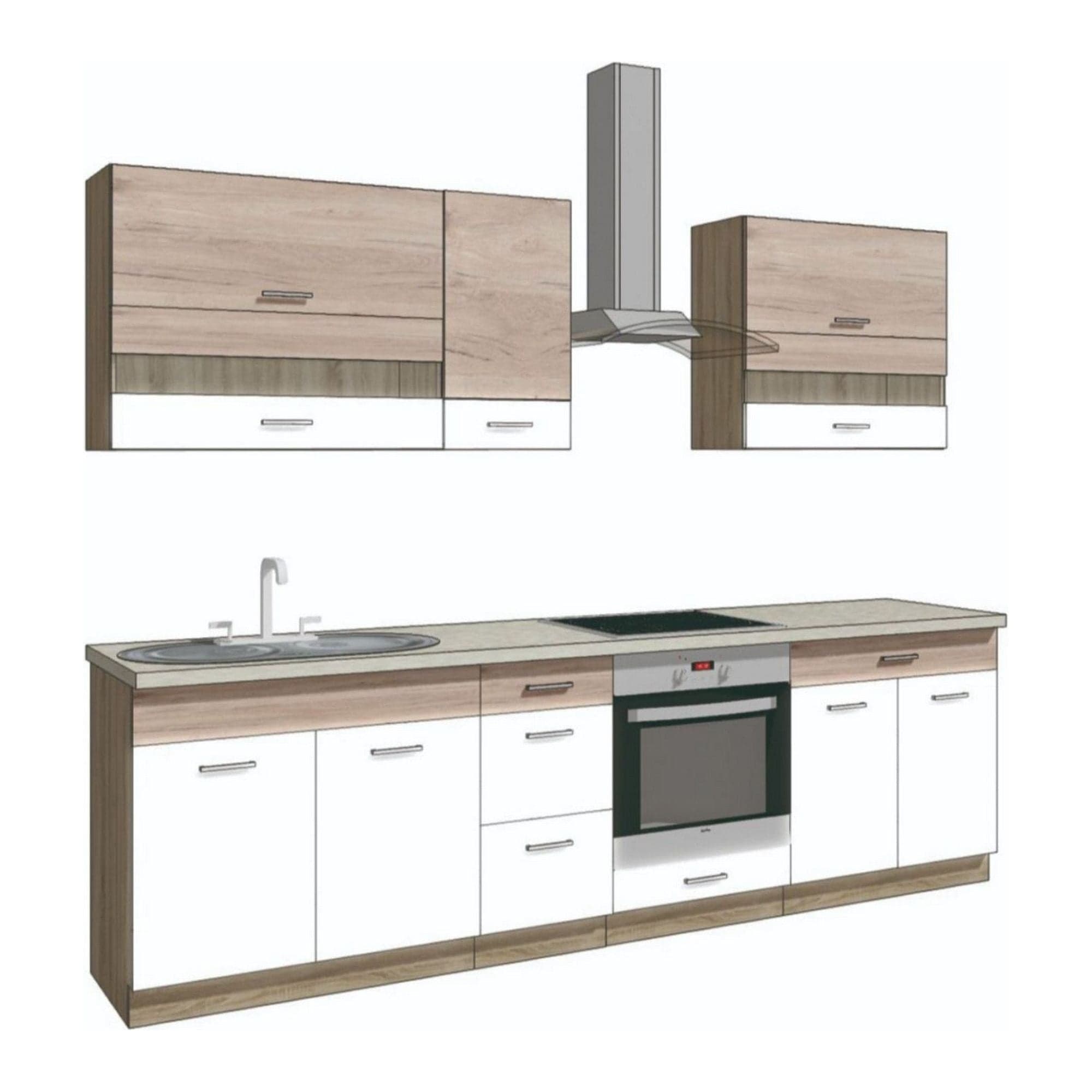 Set bucatarie ECONO A, carcasa stejar sonoma/fronturi stejar san remo si alb lucios, PAL, 270 cm, cu blatul trawertyn si plintele incluse