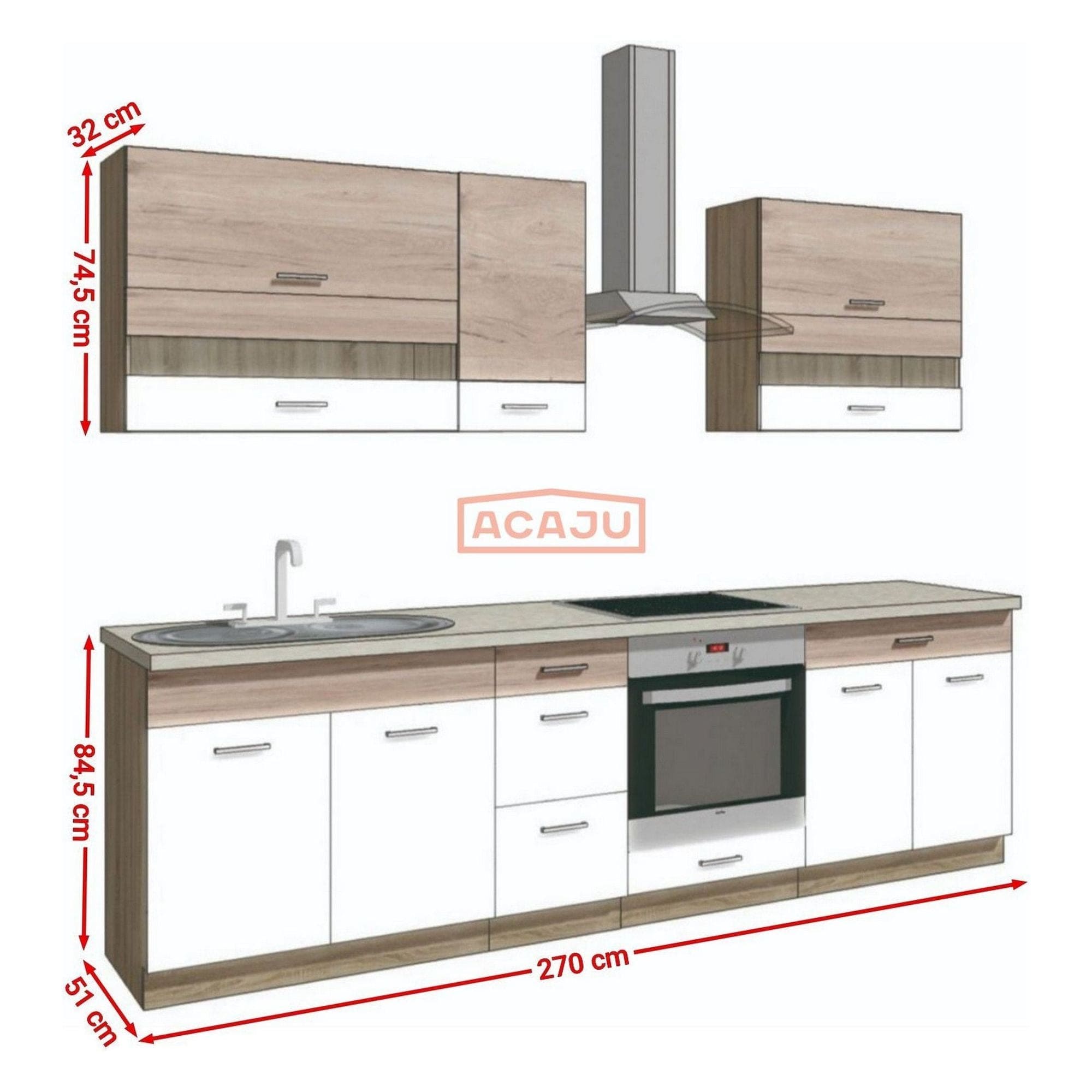 Set bucatarie ECONO A, carcasa stejar sonoma/fronturi stejar san remo si alb lucios, PAL, 270 cm, cu blatul trawertyn si plintele incluse