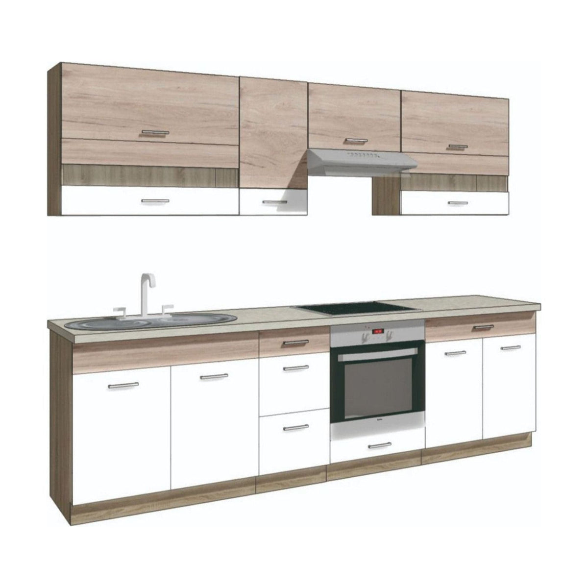 Set bucatarie ECONO A PLUS, carcasa stejar sonoma/fronturi stejar san remo si alb lucios, PAL, 270 cm, cu blatul trawertyn si plintele incluse