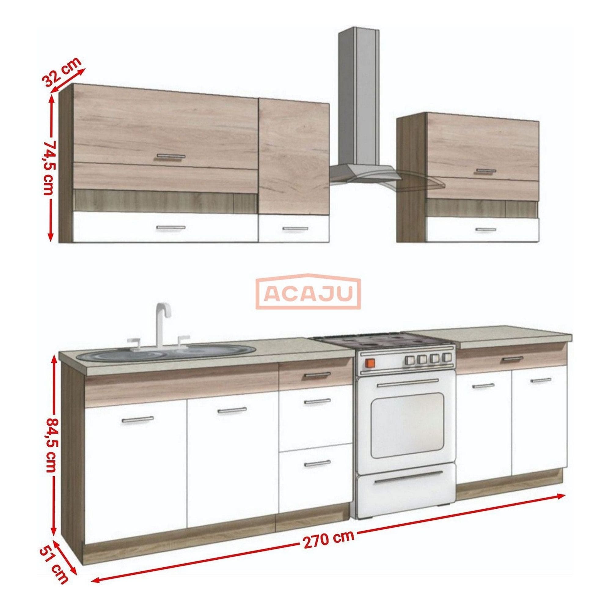 Set bucatarie ECONO B, carcasa stejar sonoma/fronturi stejar san remo si alb lucios, PAL, 270 cm, cu blatul trawertyn si plintele incluse