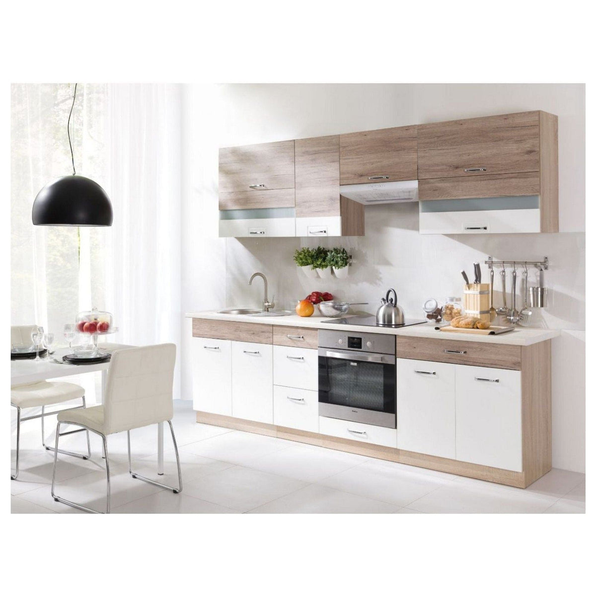 Set bucatarie ECONO C PLUS, carcasa stejar sonoma/fronturi stejar san remo si alb lucios, PAL, 260 cm, cu blatul trawertyn si plintele incluse