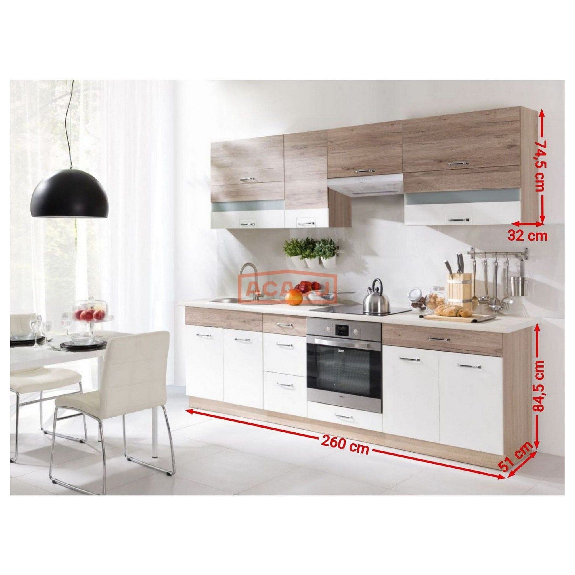 Set bucatarie ECONO C PLUS, carcasa stejar sonoma/fronturi stejar san remo si alb lucios, PAL, 260 cm, cu blatul trawertyn si plintele incluse