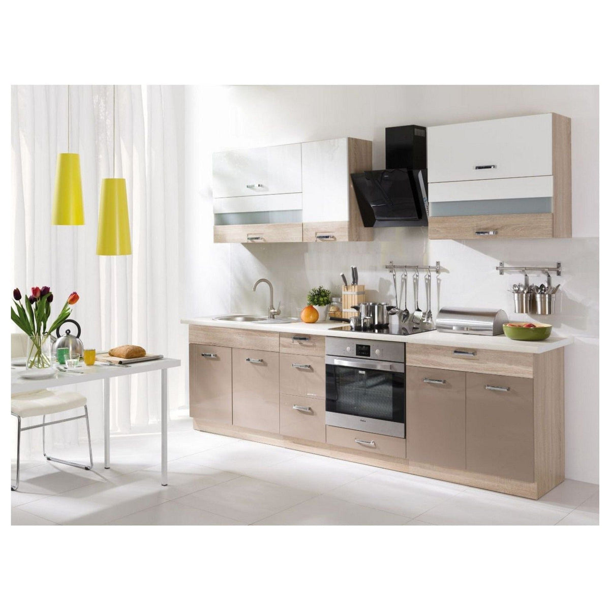 Set bucatarie PREMIO A, carcasa stejar sonoma/fronturi cappuccino si alb lucios, PAL, 270 cm, cu blatul trawertyn si plintele incluse