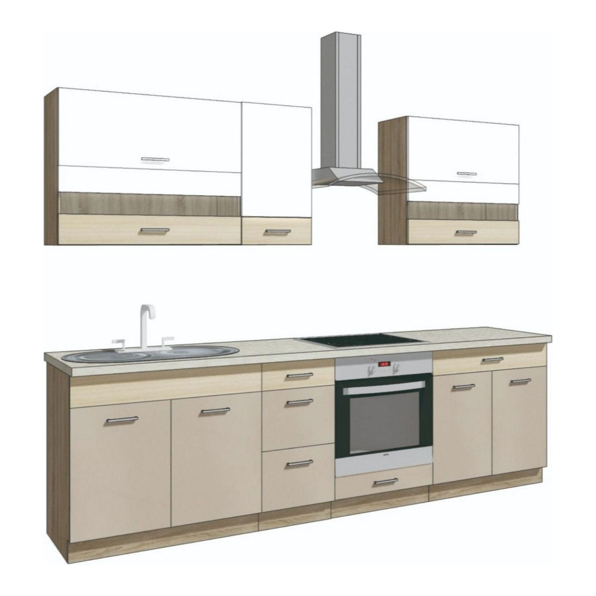 Set bucatarie PREMIO A, carcasa stejar sonoma/fronturi cappuccino si alb lucios, PAL, 270 cm, cu blatul trawertyn si plintele incluse