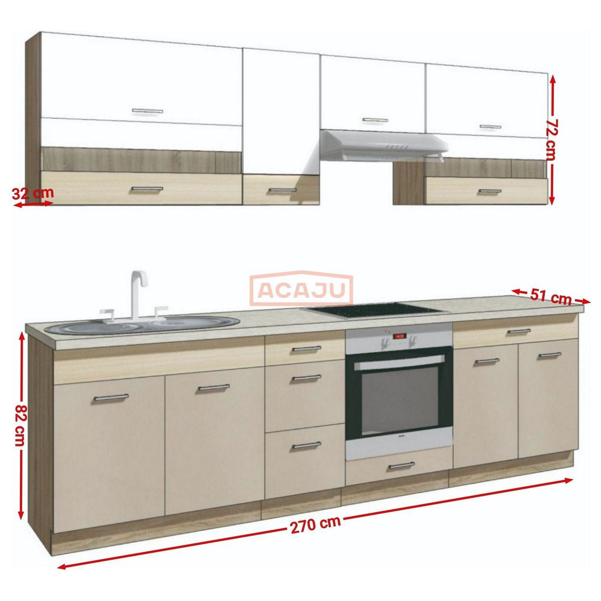 Set bucatarie PREMIO A PLUS, carcasa stejar sonoma/fronturi cappuccino si alb lucios, PAL, 270 cm, cu blatul trawertyn si plintele incluse