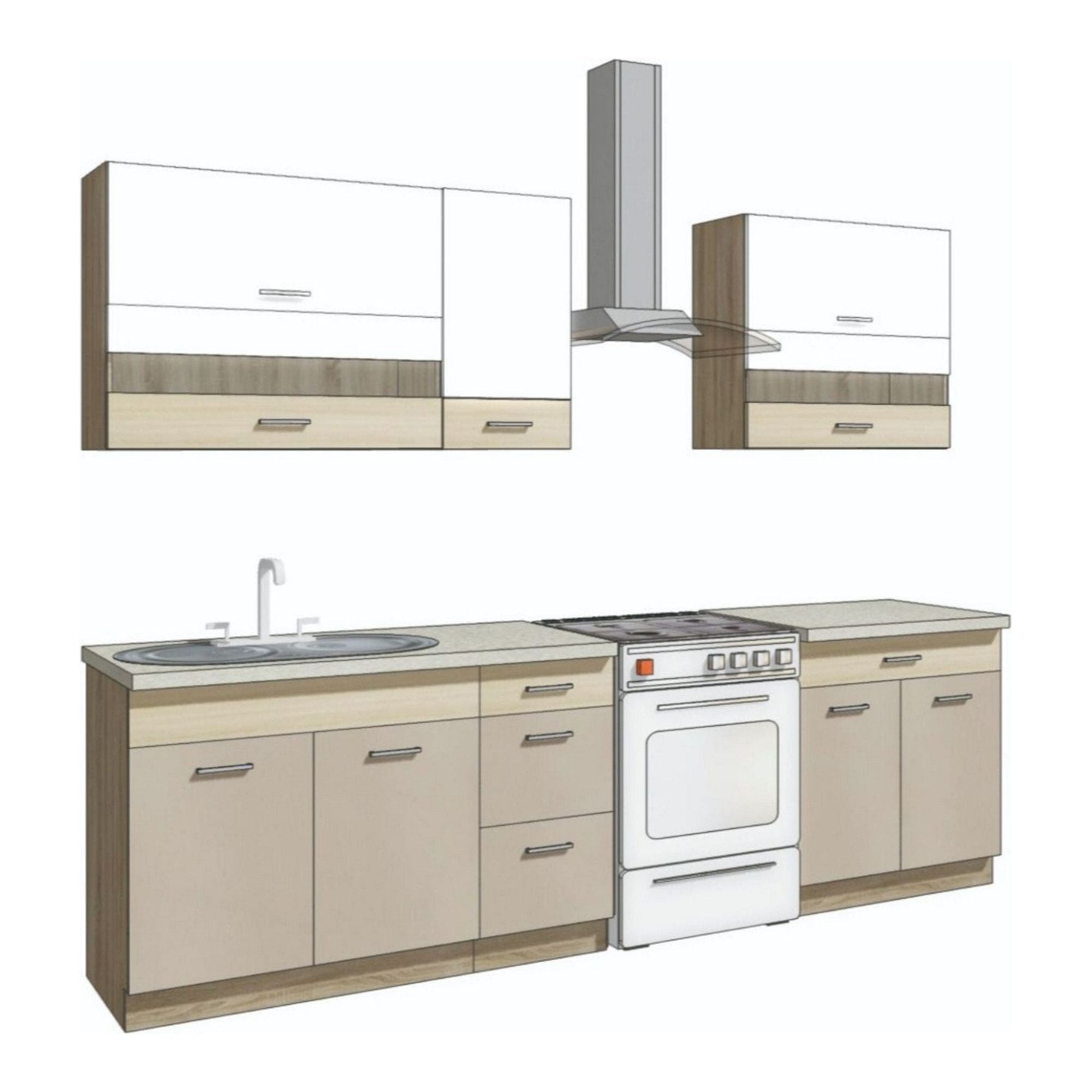 Set bucatarie PREMIO B, carcasa stejar sonoma/fronturi cappuccino si alb lucios, PAL, 270 cm, cu blatul trawertyn si plintele incluse