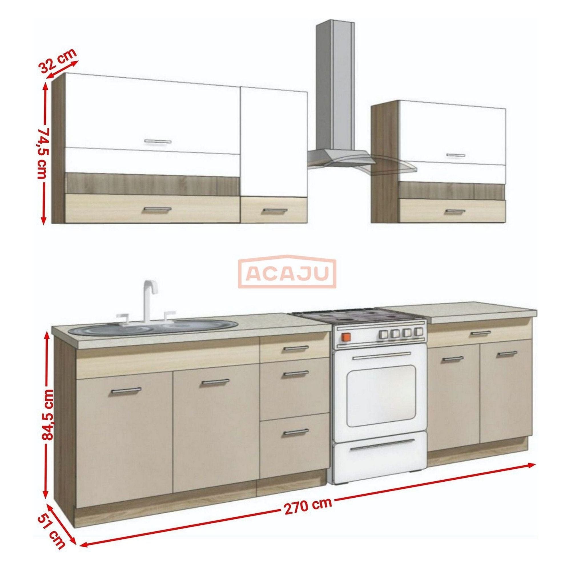 Set bucatarie PREMIO B, carcasa stejar sonoma/fronturi cappuccino si alb lucios, PAL, 270 cm, cu blatul trawertyn si plintele incluse