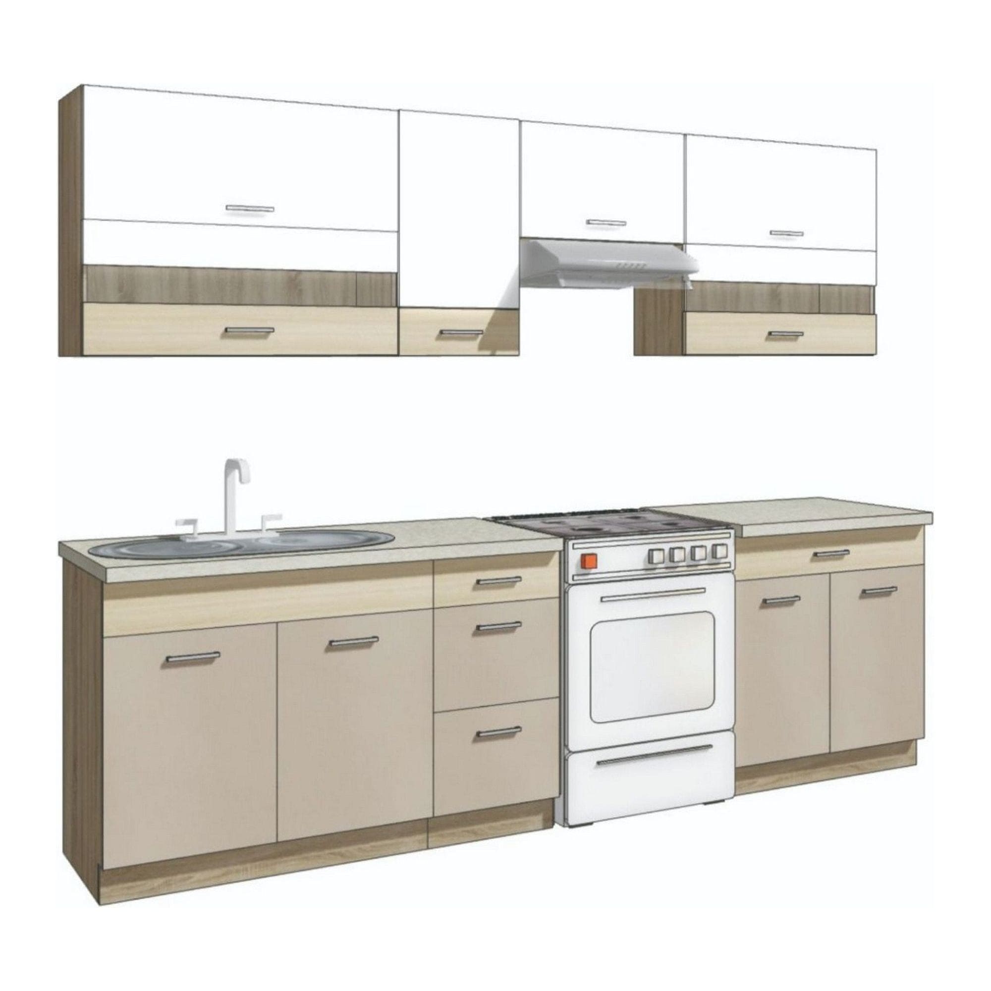 Set bucatarie PREMIO B PLUS, carcasa stejar sonoma/fronturi cappuccino si alb lucios, PAL, 270 cm, cu blatul trawertyn si plintele incluse