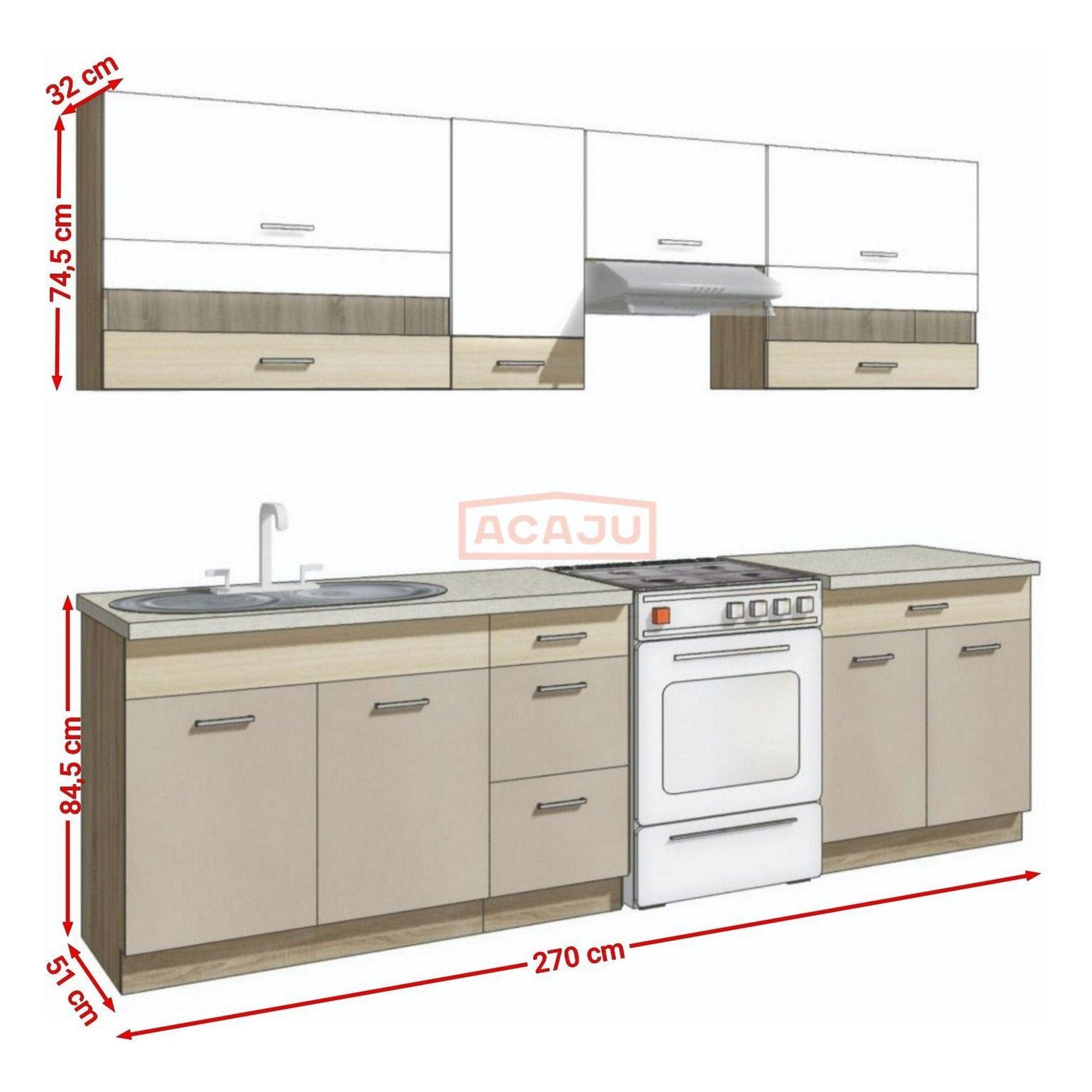 Set bucatarie PREMIO B PLUS, carcasa stejar sonoma/fronturi cappuccino si alb lucios, PAL, 270 cm, cu blatul trawertyn si plintele incluse