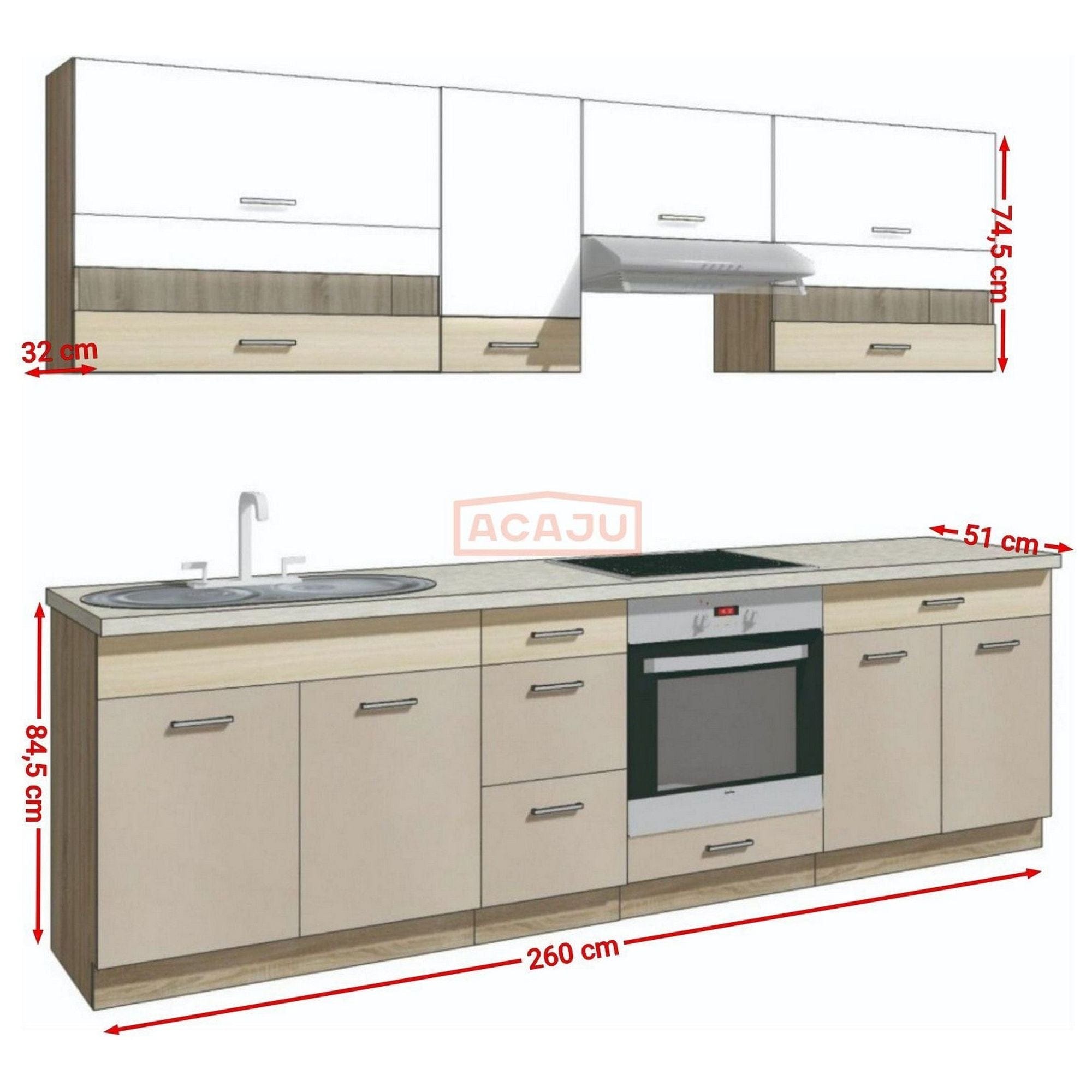 Set bucatarie PREMIO C PLUS, carcasa stejar sonoma/fronturi cappuccino si alb lucios, PAL, 260 cm, cu blatul trawertyn si plintele incluse