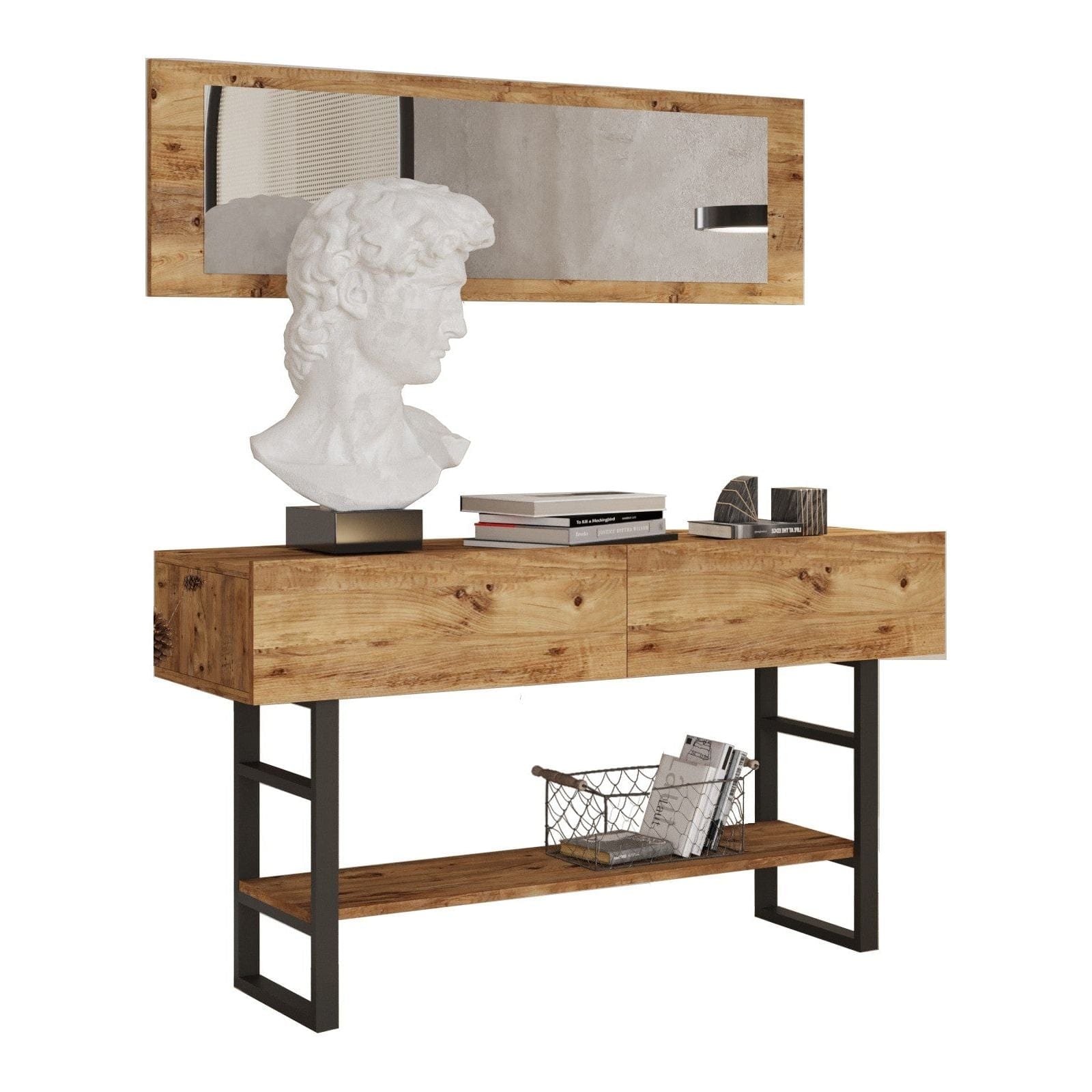 Set consola cu oglinda ML24-A, stejar/negru, PAL melaminat/metal