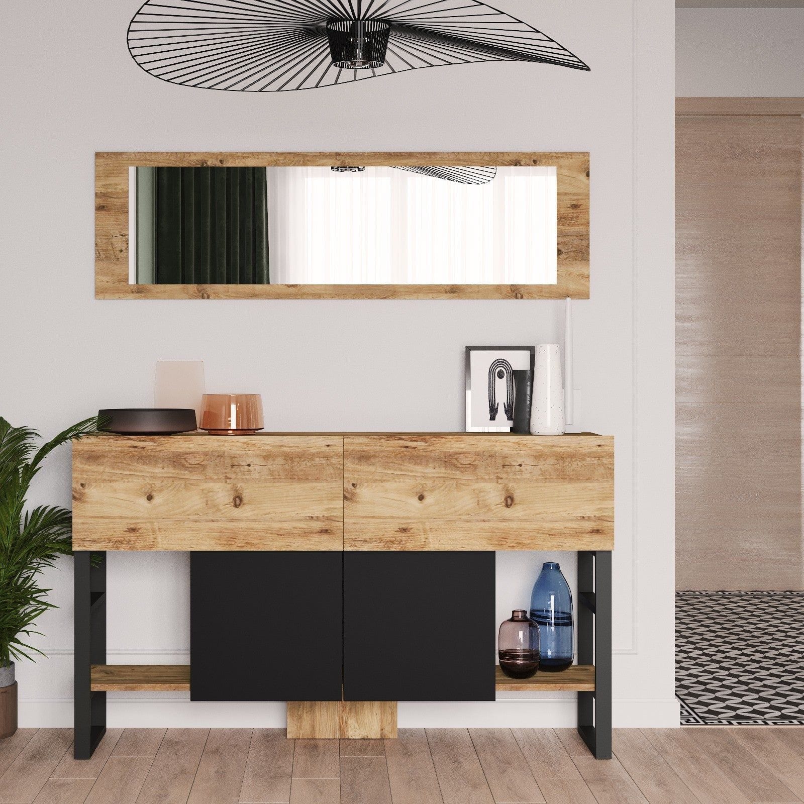 Set consola cu oglinda ML26-A, stejar/negru, PAL melaminat/metal