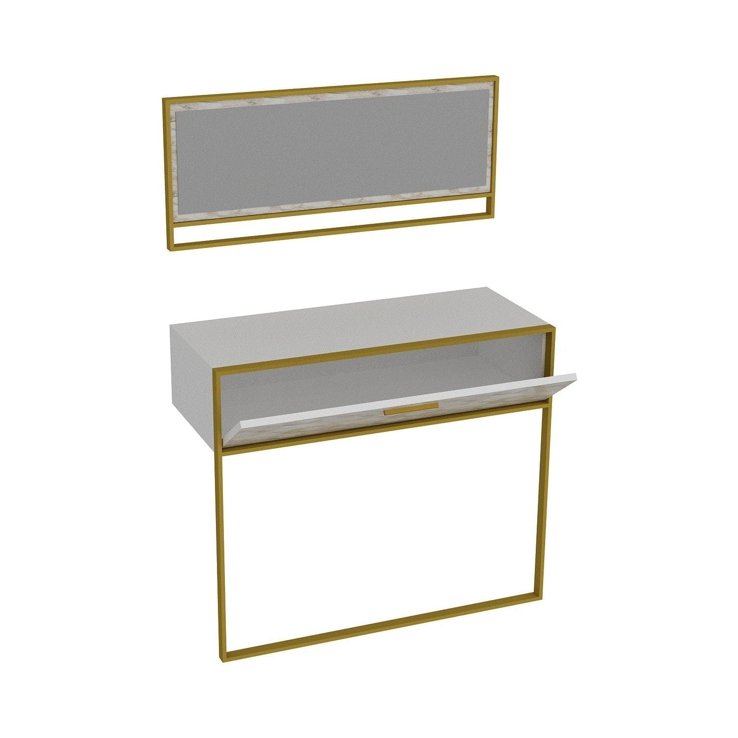 Set consola si oglinda POLKA, alb cu efect de marmura/auriu, PAL melaminat/metal