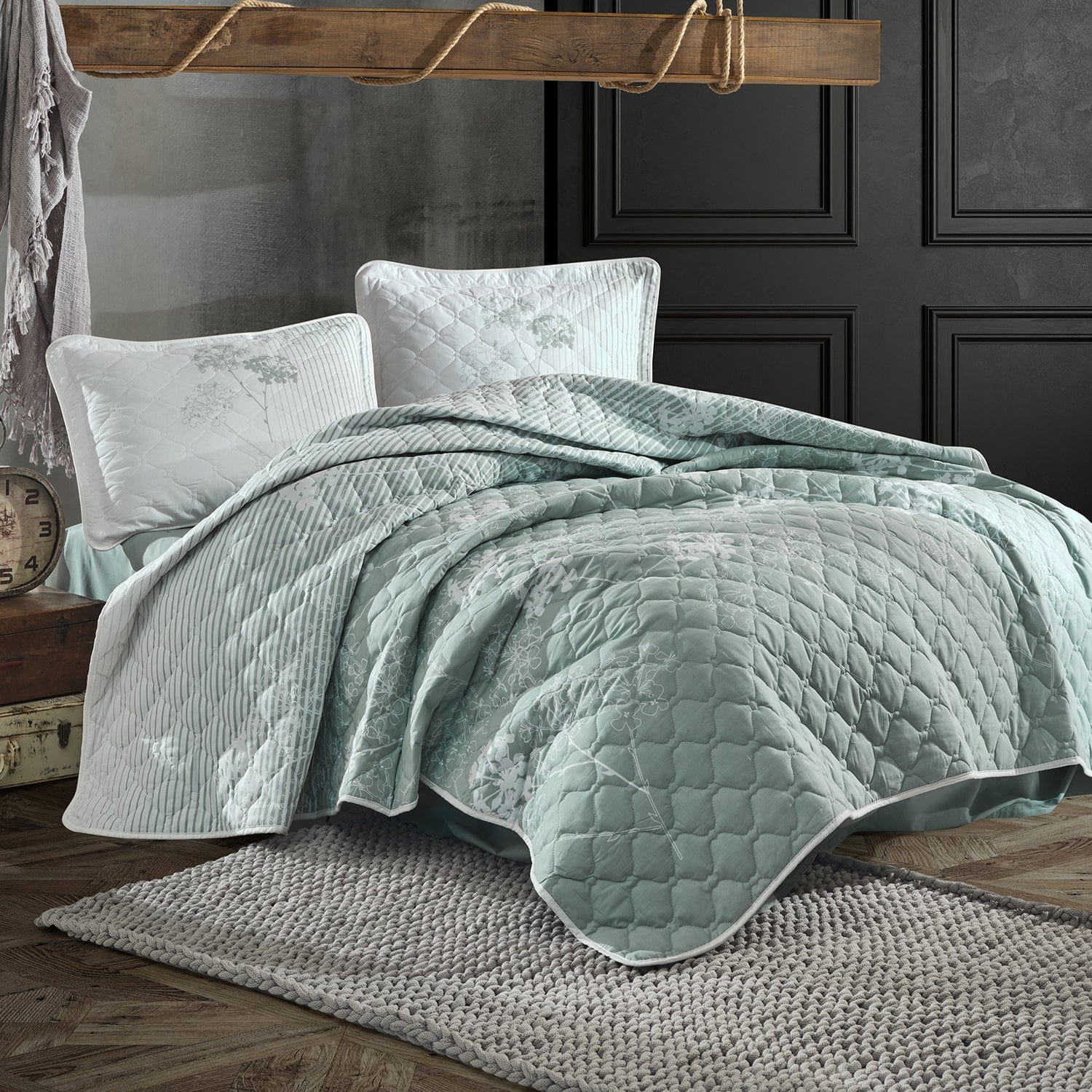 Set cuvertura matlasata pat dublu LUVI, verde menta, bumbac, 240x260 cm, cu 2 fete de perna