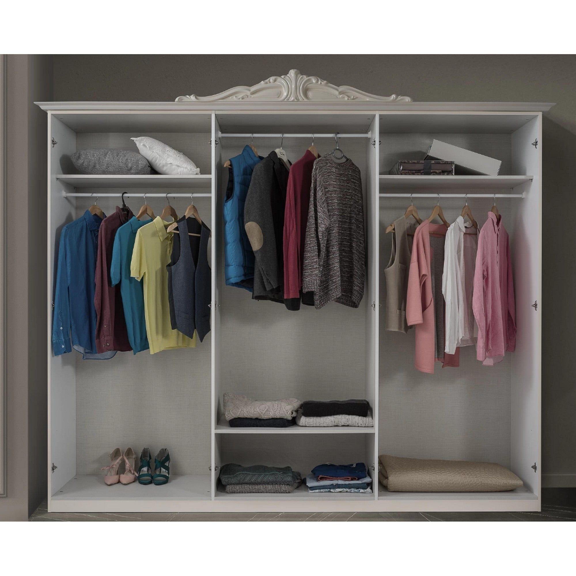 Set dormitor EVA, alb/auriu, pat 160x200 cm cu somiera fixa, dulap cu 6 usi, 2 noptiere, comoda si oglinda