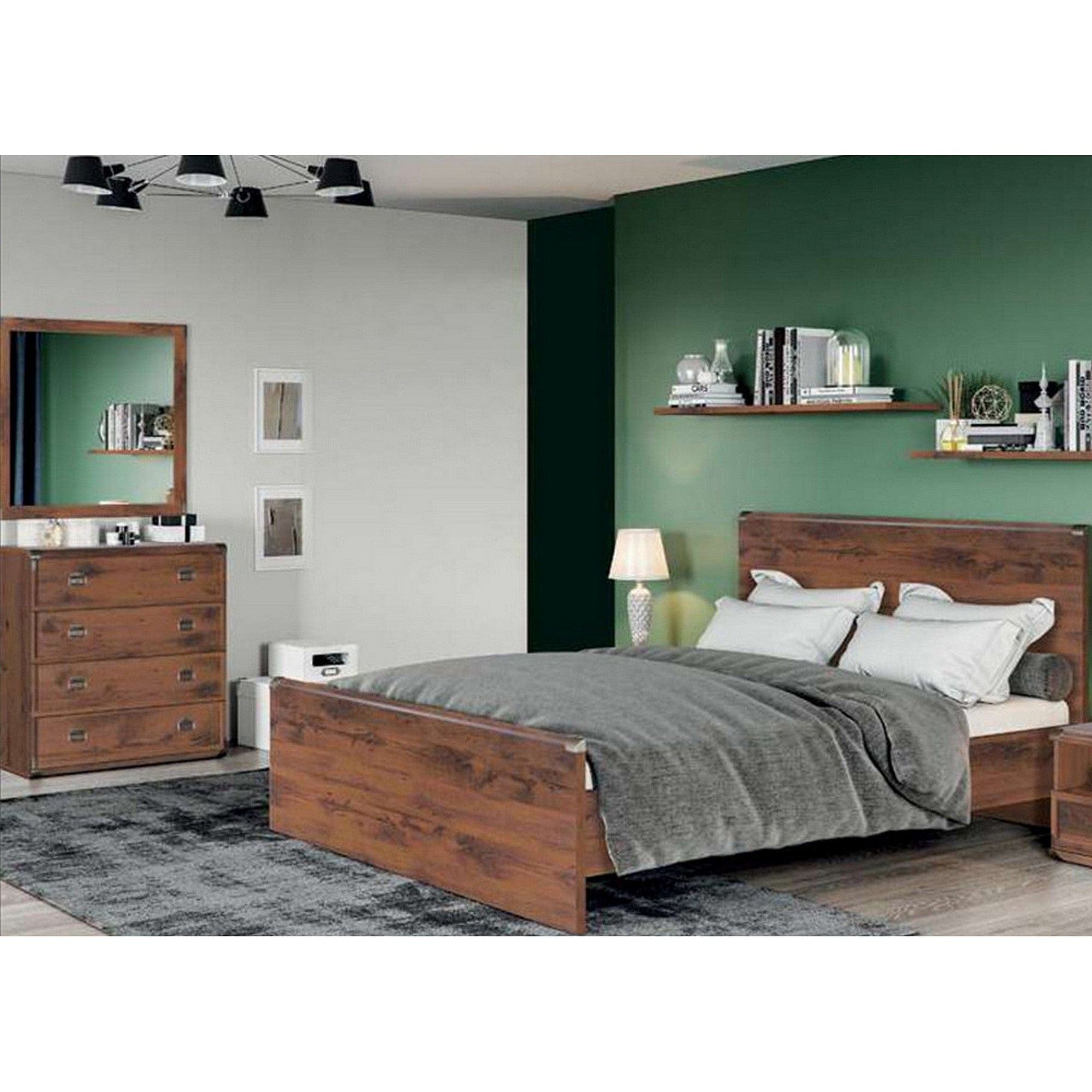 Set dormitor INDIANA, stejar sutter, cu pat 120x200, comoda cu 4 sertare si oglinda