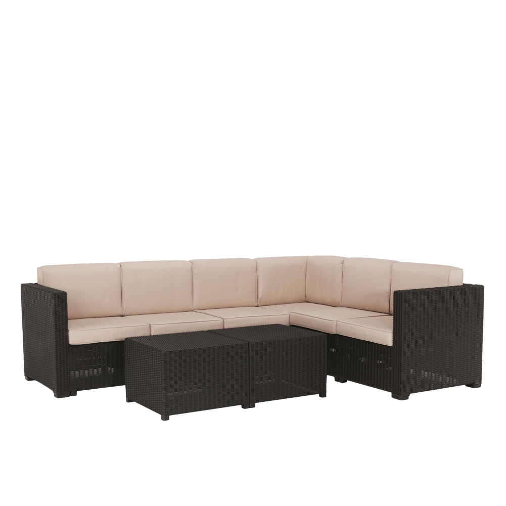 Set gradina RODEN, maro/bej, ratan artificial/tesatura, cu 2 masute si canapea