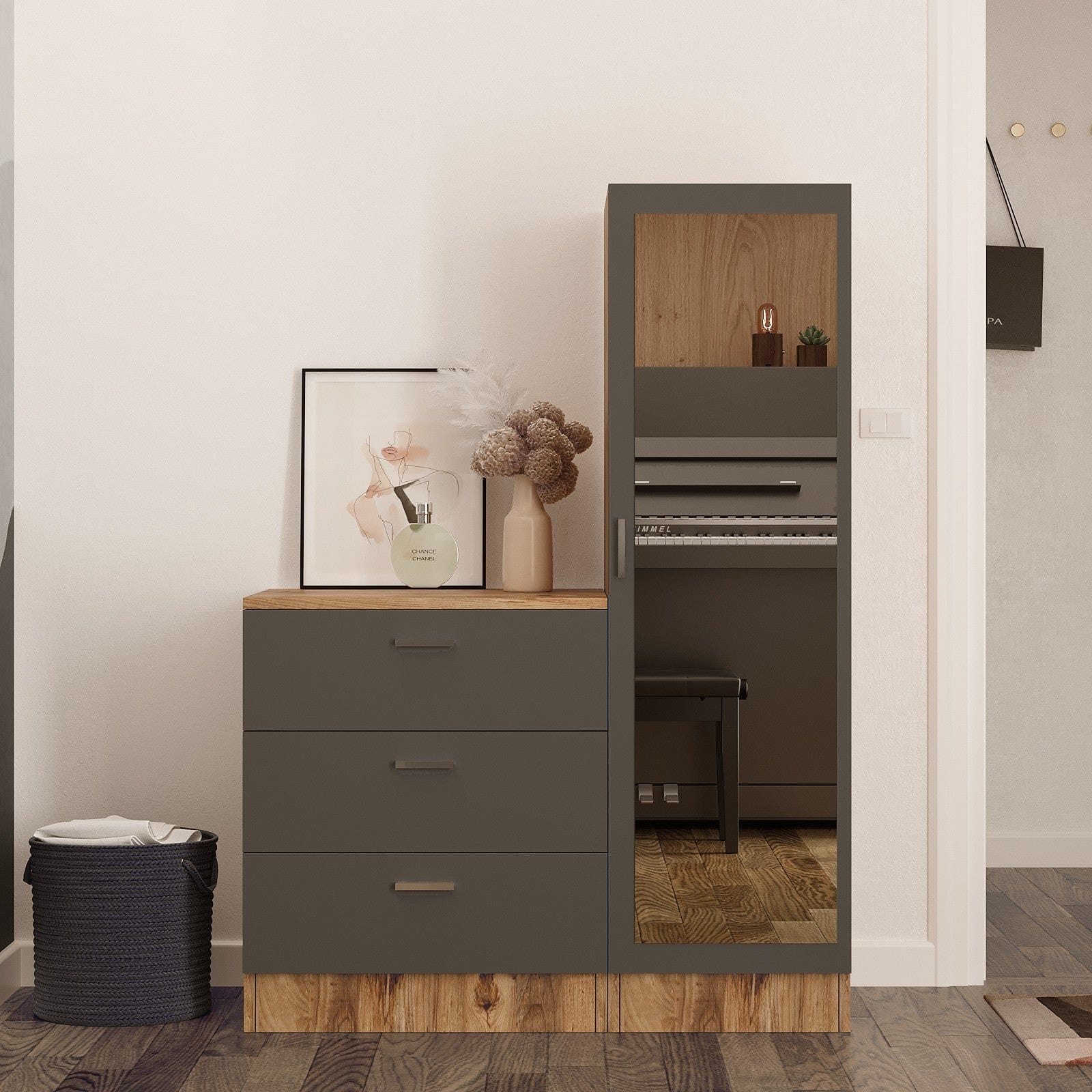 Set hol CC6-AA, stejar/gri antracit, PAL melaminat, format din dulap si comoda