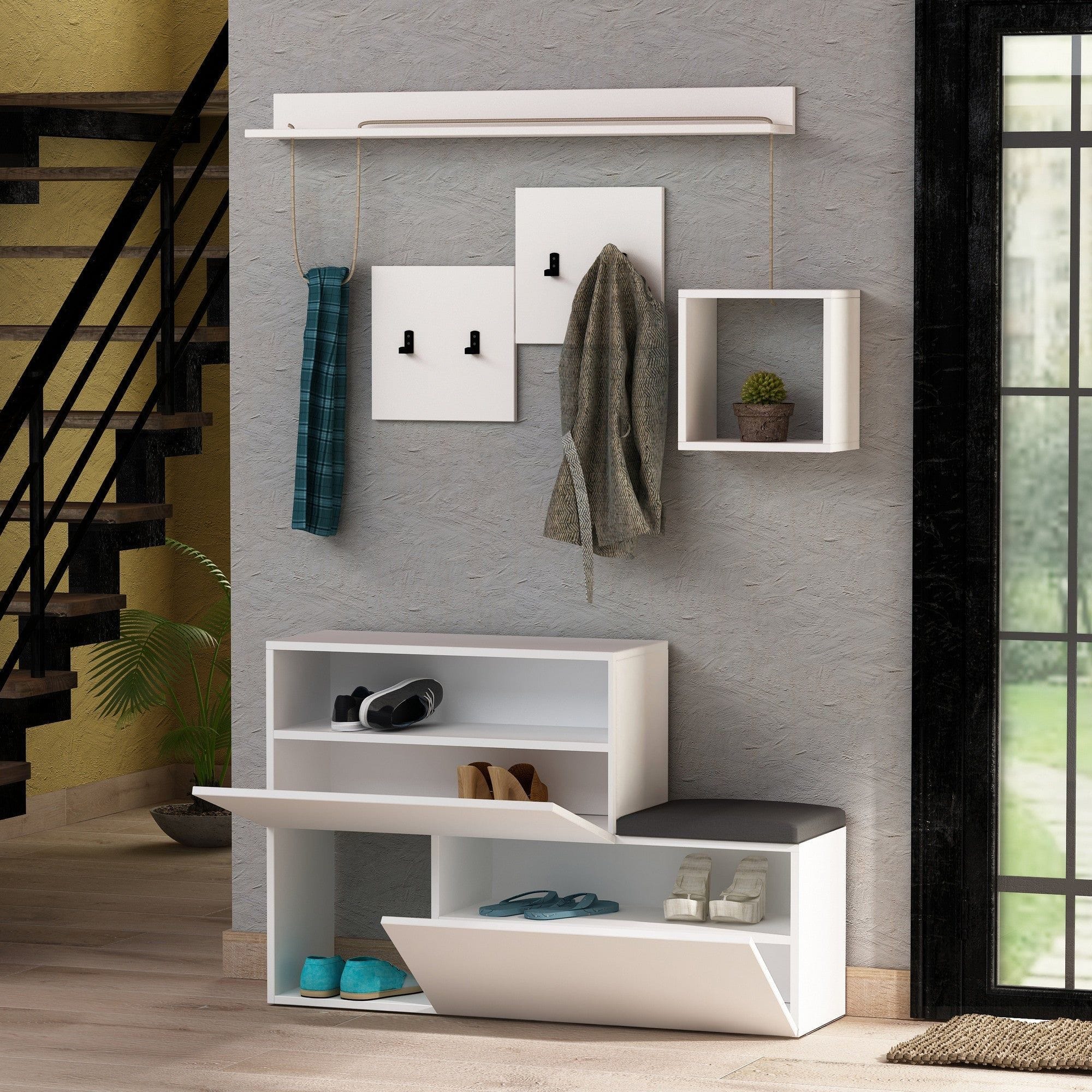 Set hol HOLDON, alb/gri, PAL melaminat, format din cuier, pantofar, polita si raft