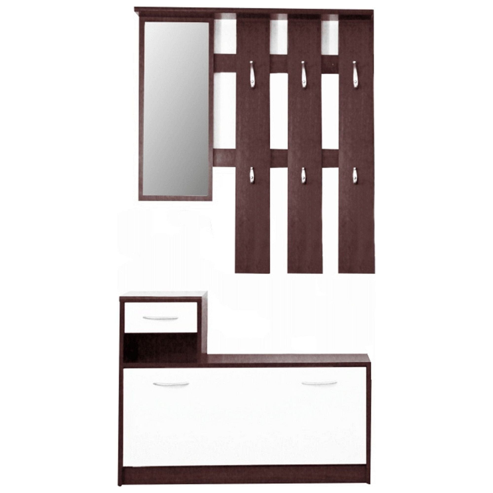 Set hol MECKI, wenge/alb, DTD laminat, format din cuier, oglinda si pantofar