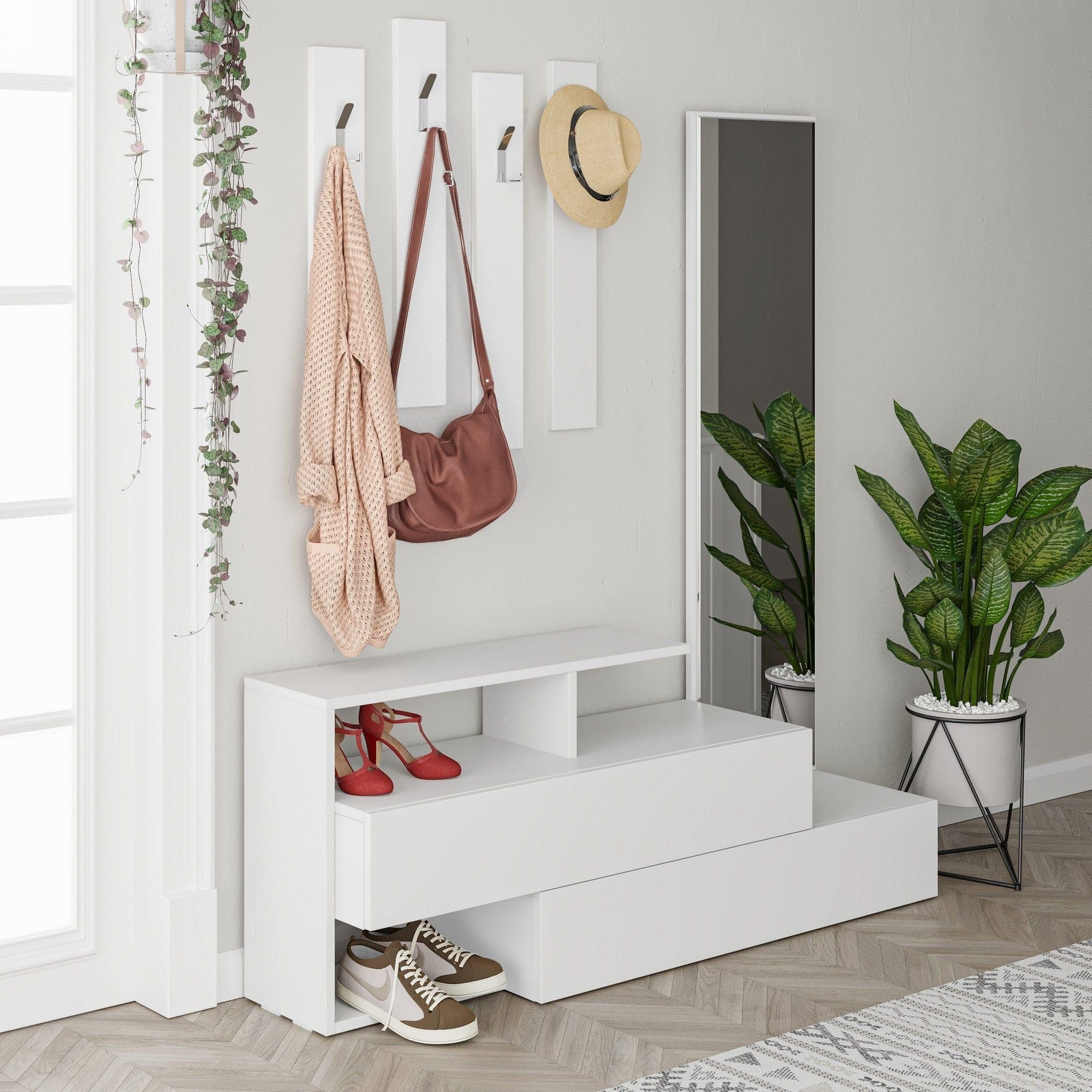 Set hol RAMDA, alb, PAL melaminat, format din cuier, oglinda si pantofar