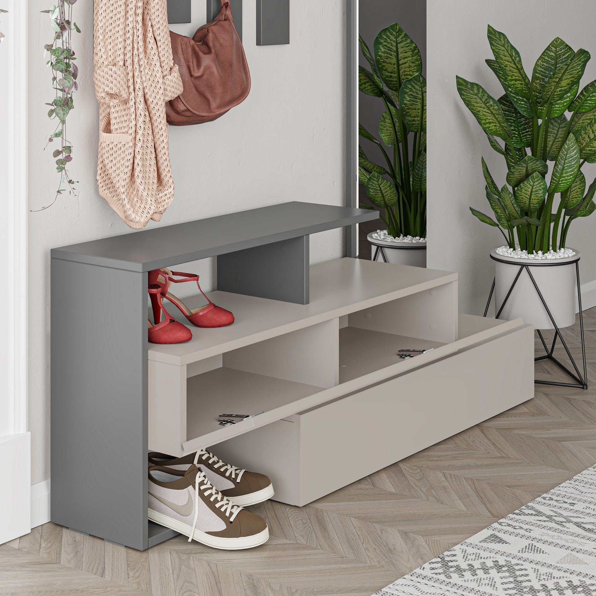 Set hol RAMDA, crem inchis/gri, PAL melaminat, format din cuier, oglinda si pantofar