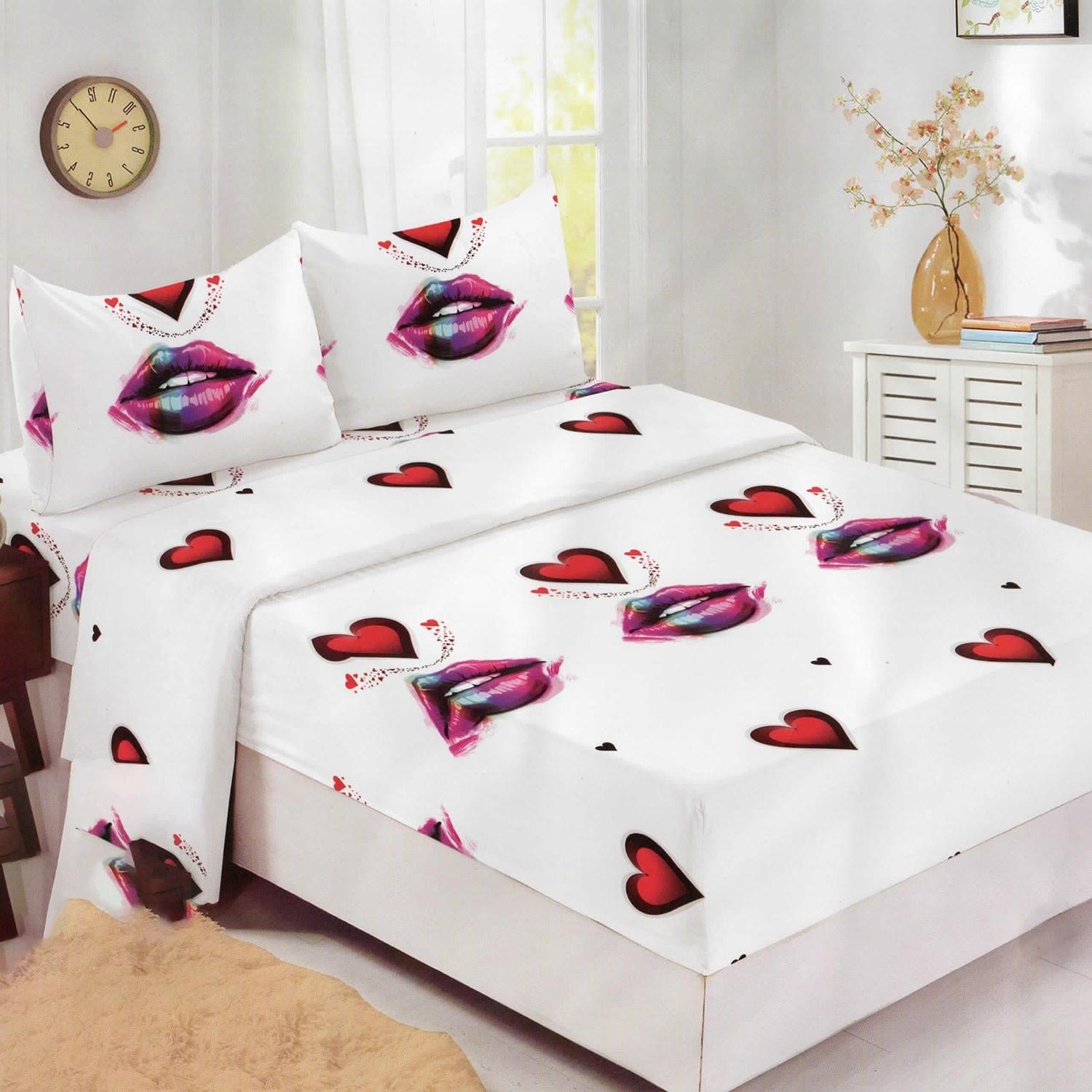 Set husa pat finet HF160-20, alb, bumbac/poliester, 160x200 cm, cu 2 fete de perna