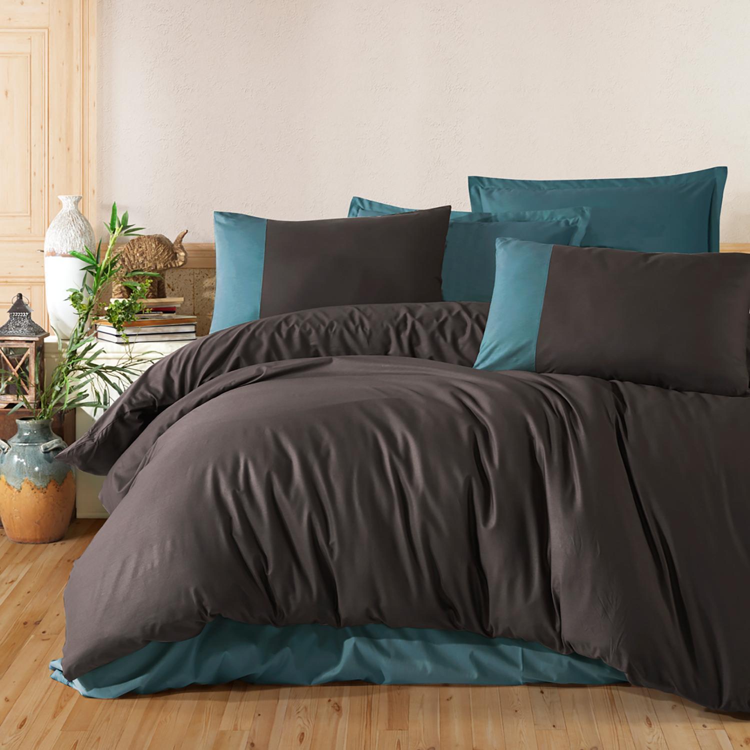 Set lenjerie pat butique PURE V5, bumbac, maro/albastru, 240x260 cm, cu cearceaf pat, cearceaf pilota si 2 fete de perna