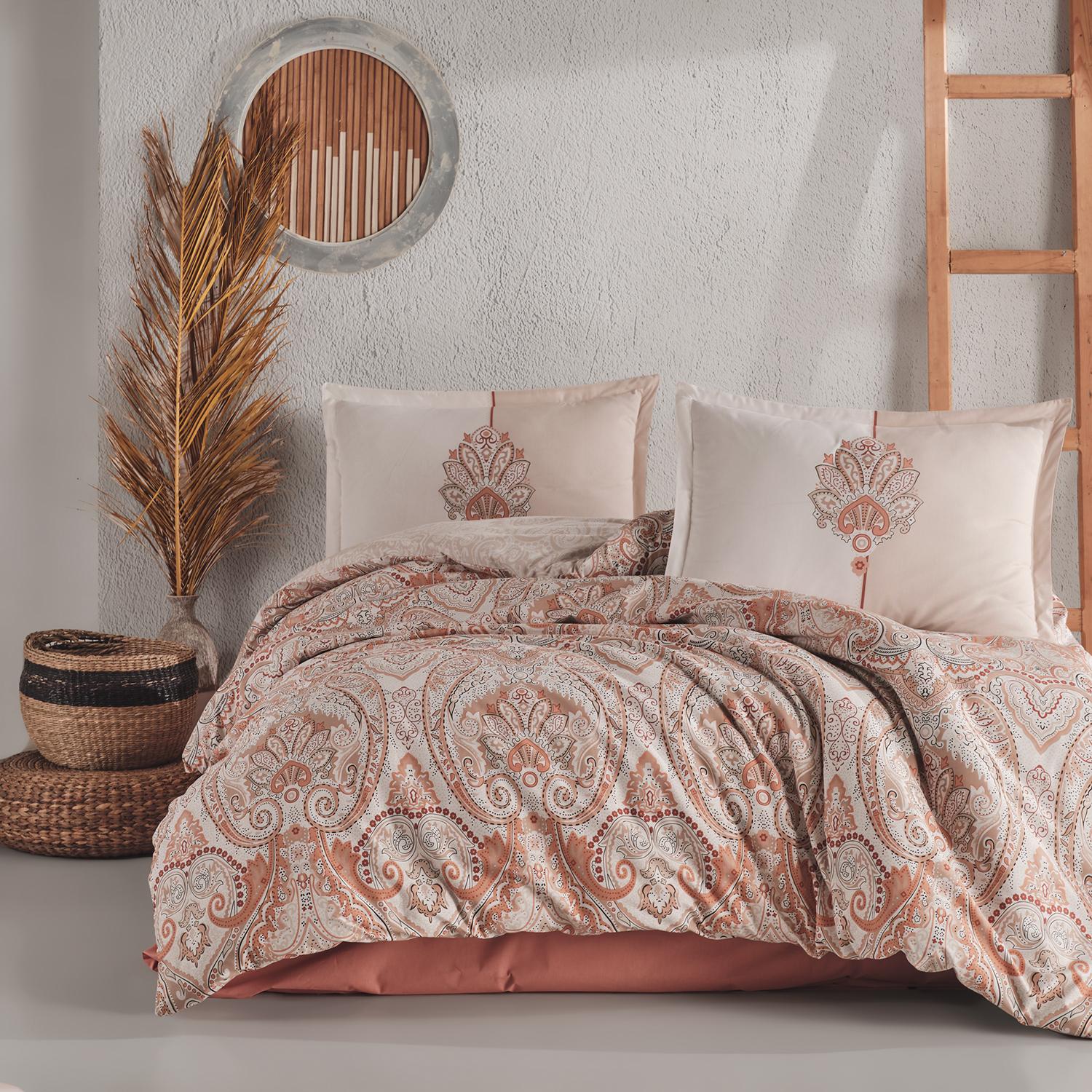 Set lenjerie pat clasy king size ALAVA, bumbac, somon/bej, 240x260 cm, cu cearceaf pat, cearceaf pilota si 2 fete de perna