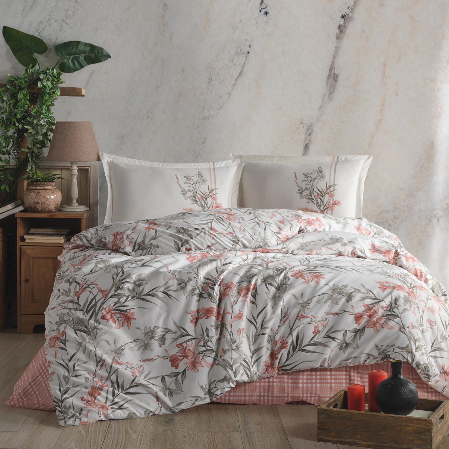 Set lenjerie pat clasy king size APRILA, bumbac, alb/roz, 240x260 cm, cu cearceaf pat, cearceaf pilota si 2 fete de perna