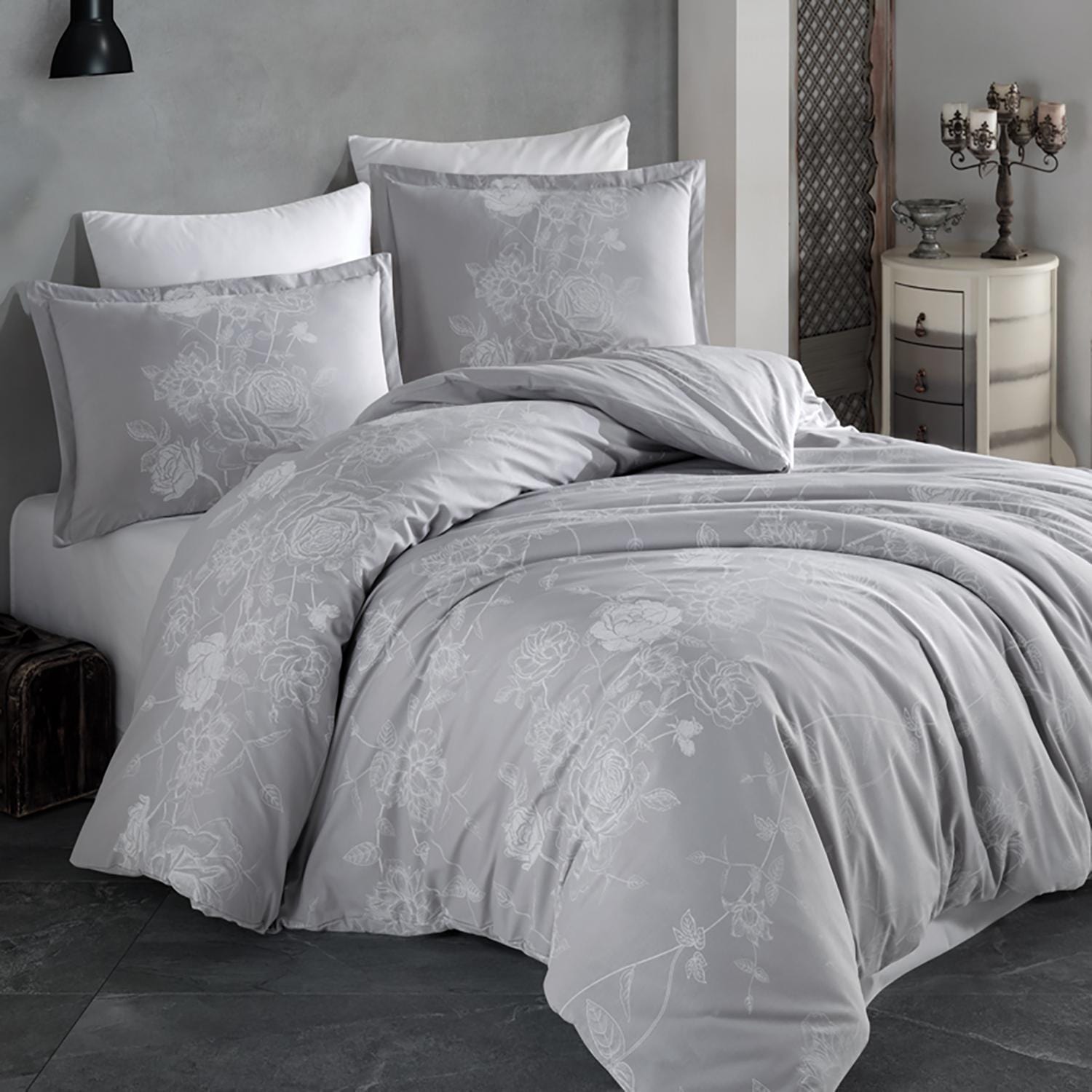 Set lenjerie pat clasy king size ARNOR V2, bumbac, gri/alb, 240x260 cm, cu cearceaf pat, cearceaf pilota si 2 fete de perna