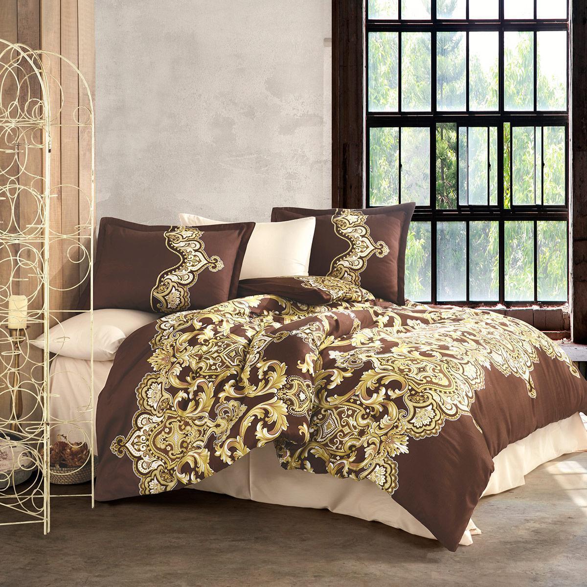 Set lenjerie pat clasy king size ARTESA V1, bumbac, maro/bej/galben, 240x260 cm, cu cearceaf pat, cearceaf pilota si 2 fete de perna