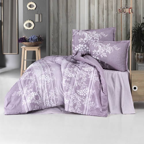 Set lenjerie pat clasy king size BOVA V2, bumbac, alb/lila, 240x260 cm, cu cearceaf pat, cearceaf pilota si 2 fete de perna