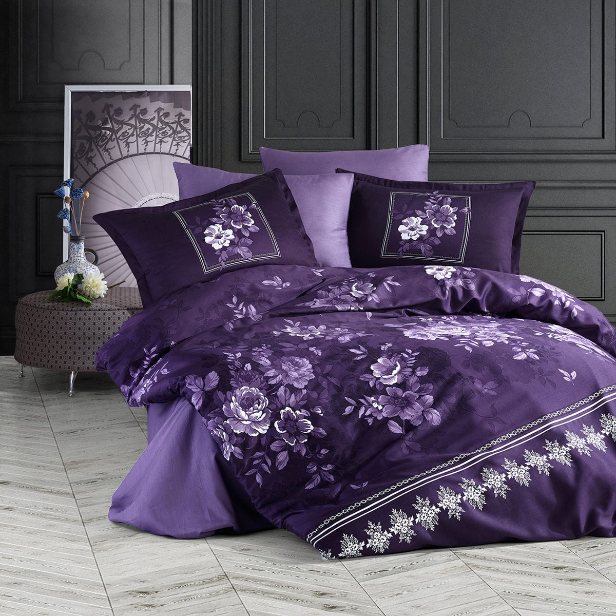 Set lenjerie pat clasy king size CATALINA V2, bumbac, mov, 240x260 cm, cu cearceaf pat, cearceaf pilota si 4 fete de perna