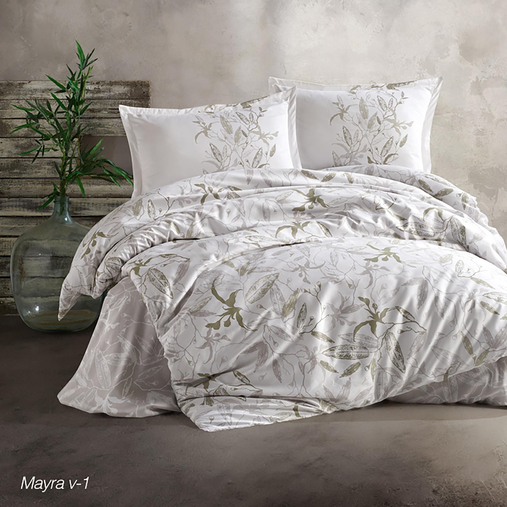 Set lenjerie pat clasy king size MAYRA V1, bumbac, alb/bej, 240x260 cm, cu cearceaf pat, cearceaf pilota si 2 fete de perna