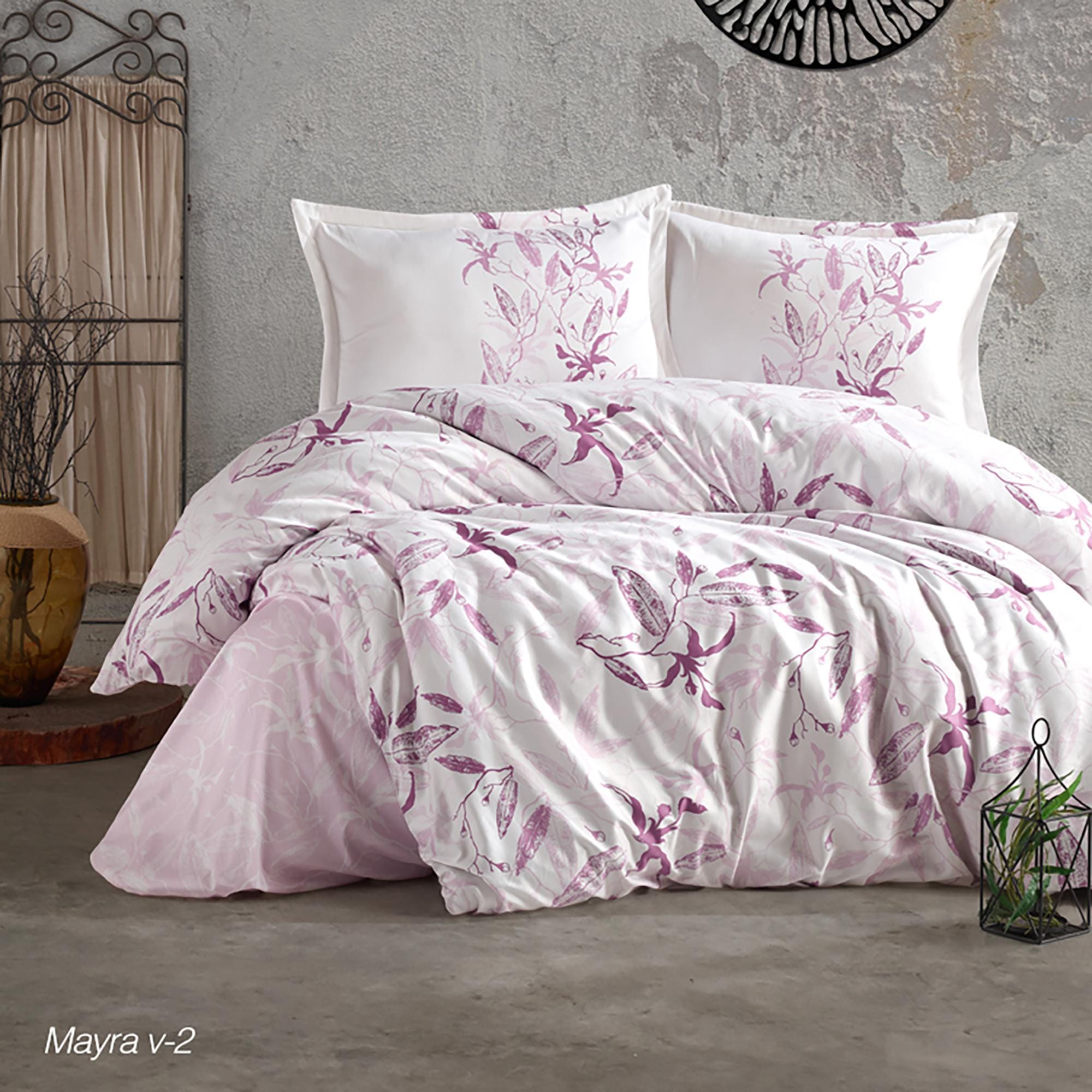 Set lenjerie pat clasy king size MAYRA V2, bumbac, alb/roz, 240x260 cm, cu cearceaf pat, cearceaf pilota si 2 fete perna