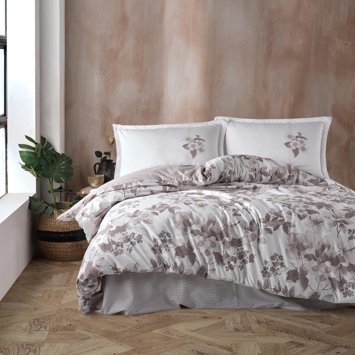 Set lenjerie pat clasy king size MIAROSA V2, bumbac, alb/bej, 240x260 cm, cu cearceaf pat, cearceaf pilota si 2 fete de perna