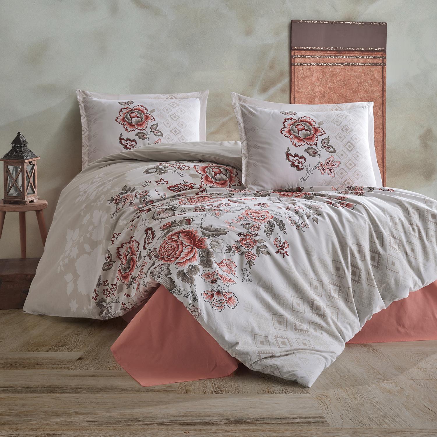 Set lenjerie pat clasy king size MINDA, bumbac, alb/roz pudra, 240x260 cm, cu cearceaf pat, cearceaf pilota si 2 fete de perna